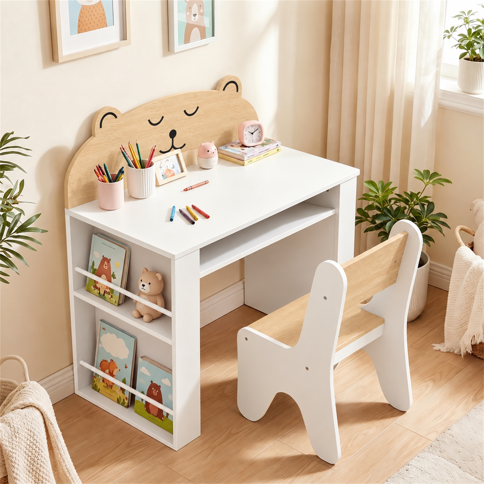Kindertisch mit Stuhl 2 teilige Kindersitzgruppe mit Bücherregal Ablagefach Bären-Design für Kinder 3-8 Weiß