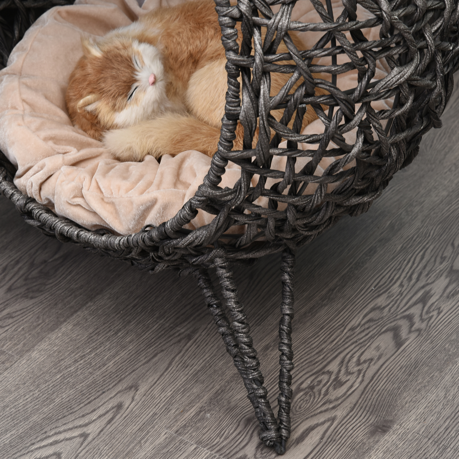 Katzenhaus aus Rattan mit Kissen Katzenschlafplatz Katzenhöhle mit erhöhten Füßen Silbergrau Ø52 x 58 cm