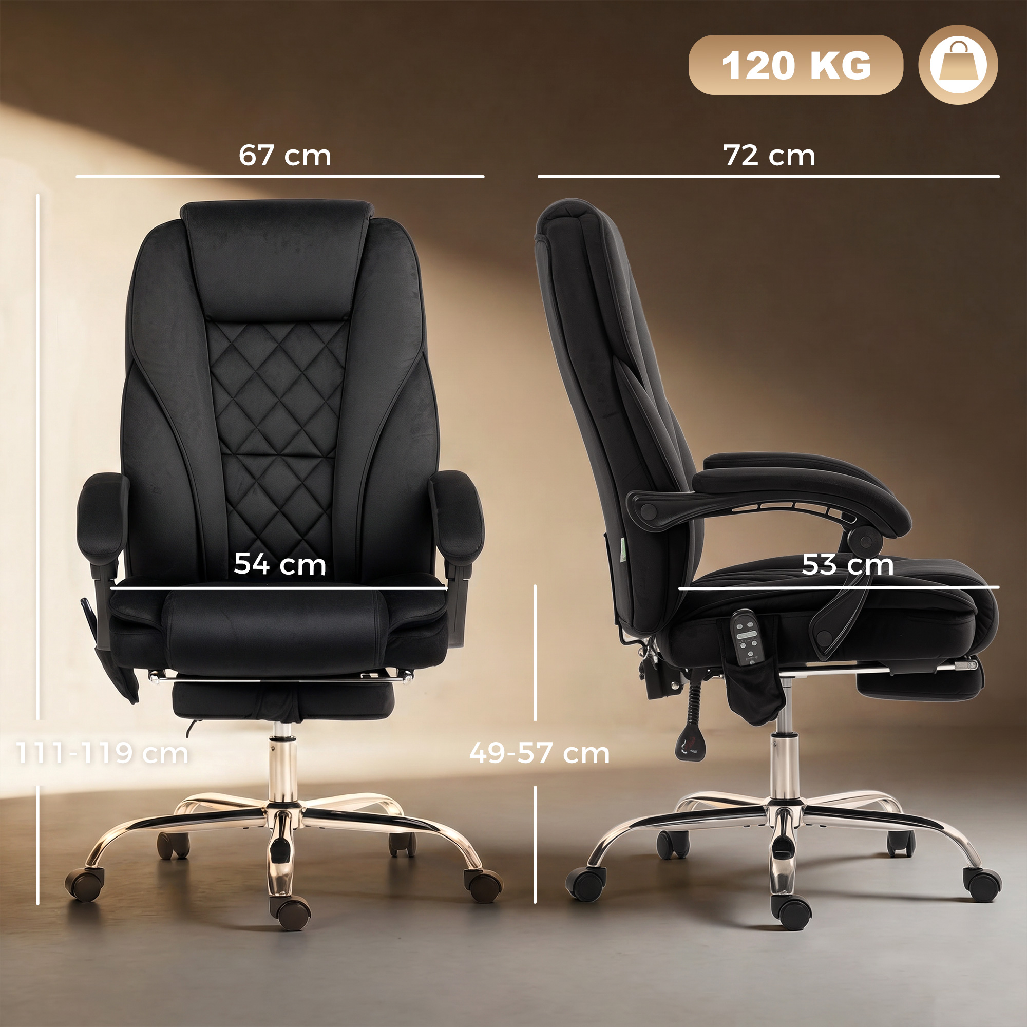 Ergonomischer Bürostuhl mit Massagefunktion, Fußstütze, drehbar, rollbar, Schwarz