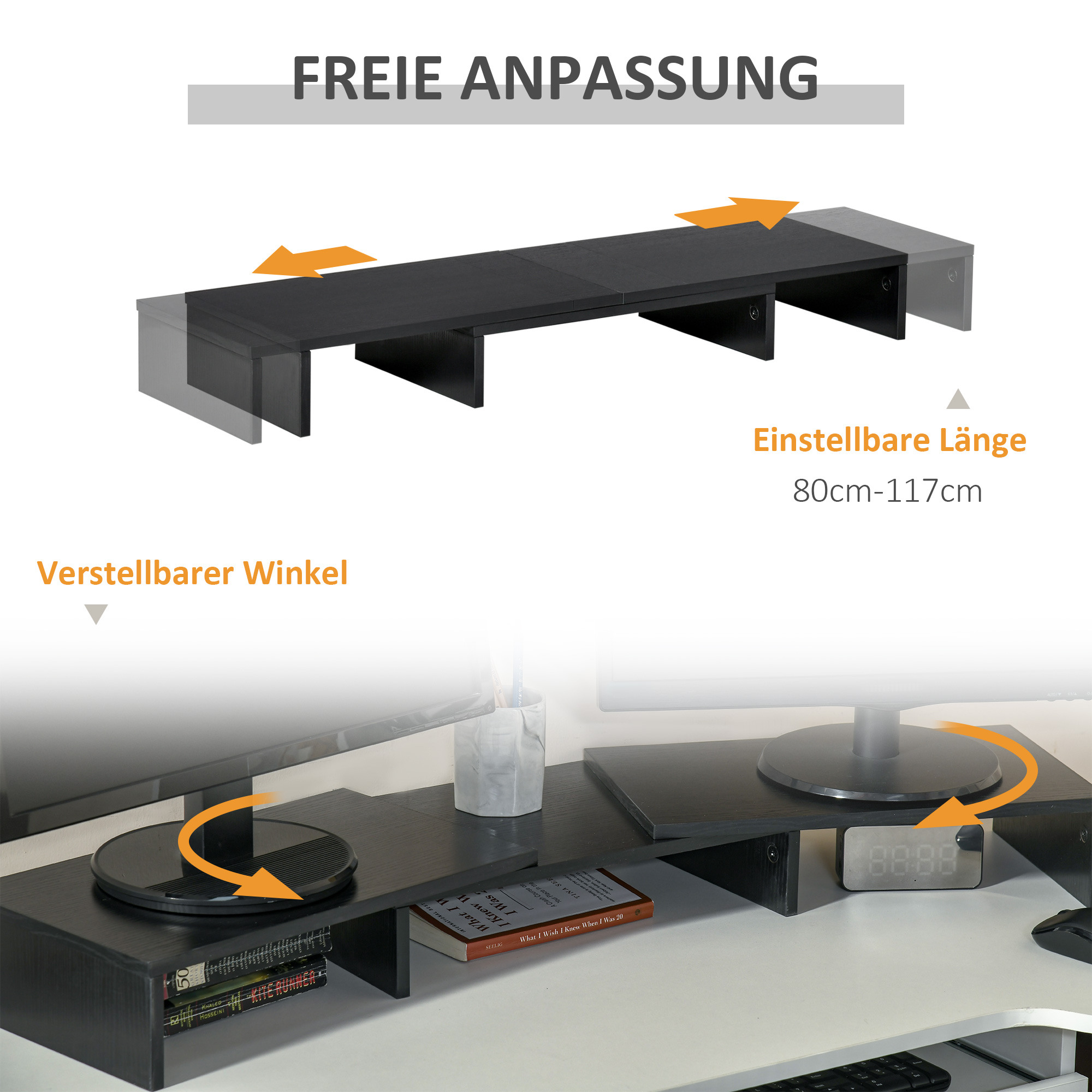 Monitorständer Monitor Stand Dual Bildschirmerhöhung Verstellbare Länge und Schwenkwinkel Bildschirmständer für PC Notebook Laptop Drucker 80-117 x 23,5 x 10 cm Schwarz