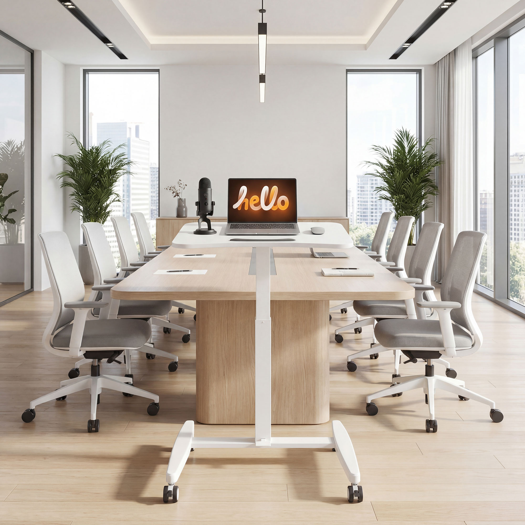 Höhenverstellbarer Stehschreibtisch, Rollbarer Schreibtisch mit neigbarer Tischplatte, Sicherheitsstopper, Rollen, Weiß