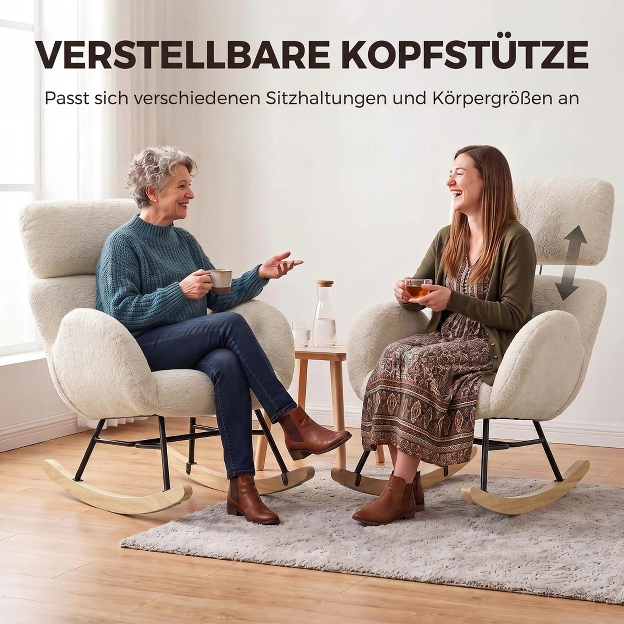 Polster-Schaukelstuhl mit verstellbarer Kopfstütze, Velours in Regentropfen-Optik, Gestell aus Gummibaumholz, Cremeweiß