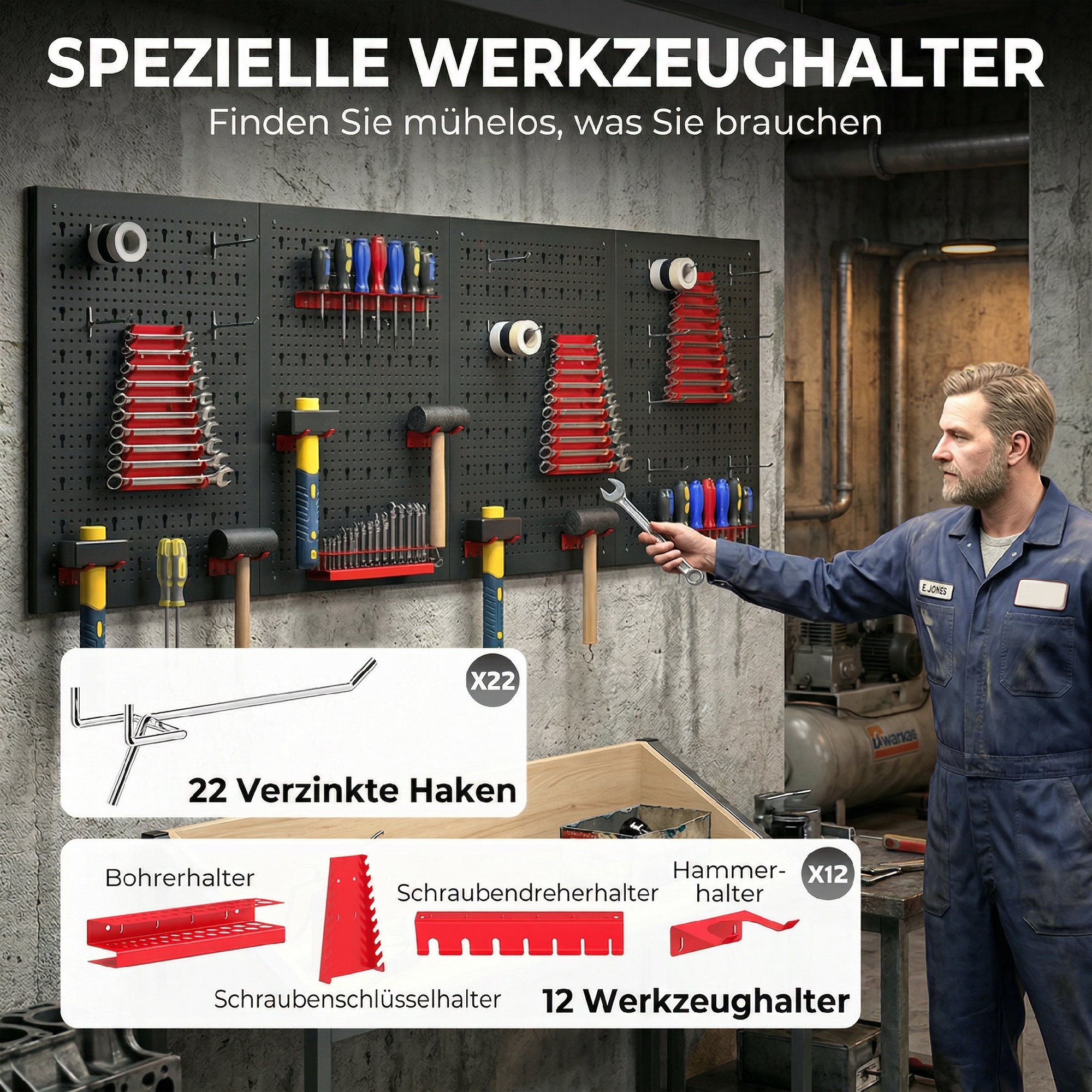 Lagersystem Wandregal 60 x 40 cm, 38 stck. Schüttenregal mit Haken Ablageböden Sichtlagerkästen, Schwarz+Rot
