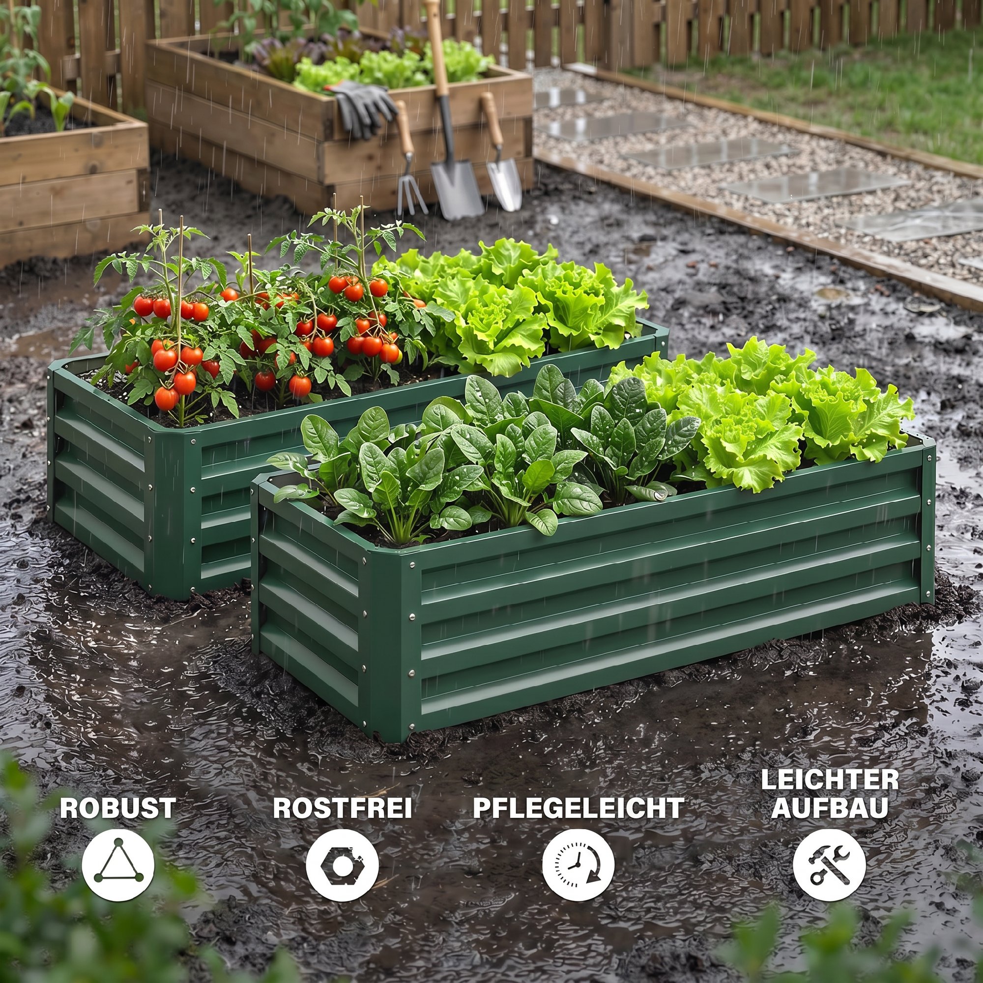 Hochbeet Metall 2er-Set, Offener Boden, Für Garten Balkon, 110x50x30cm, Grün
