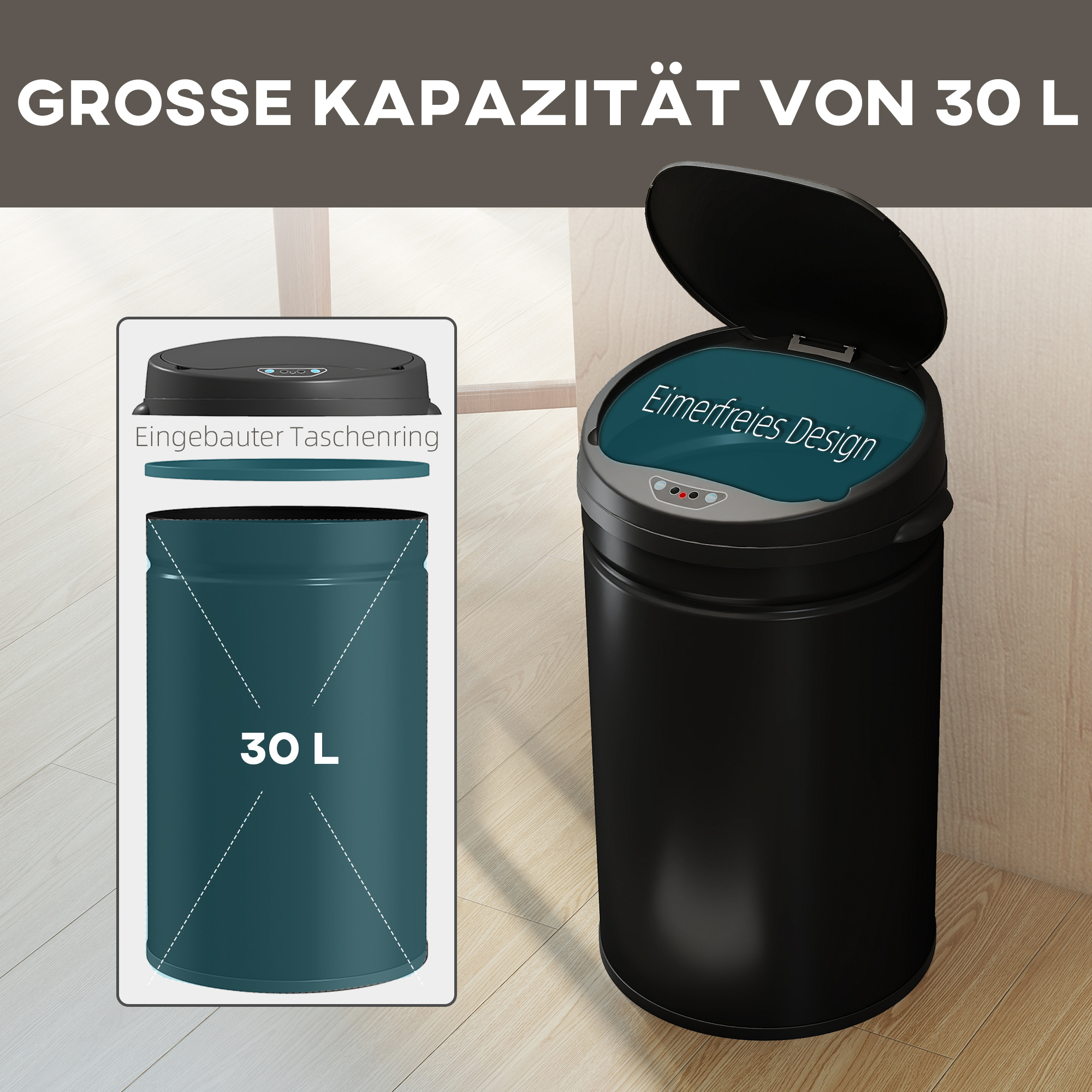 30 Liter Sensor-Mülleimer mit Soft-Close-Funktion, berührungsfreier Abfalleimer aus Edelstahl für hygienische Küchen