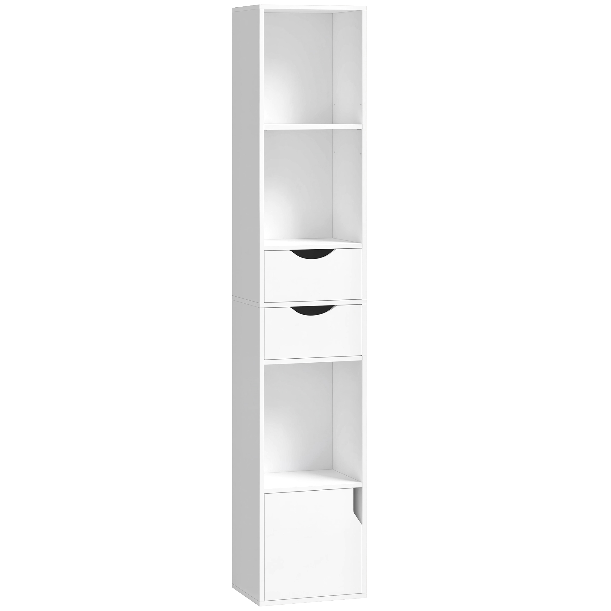 Bücherregal mit 2 Schubladen, Schmaler Bücherschrank mit 3 offenen Regalebenen, für Büro, Schlafzimmer 30x24x158cm Weiß
