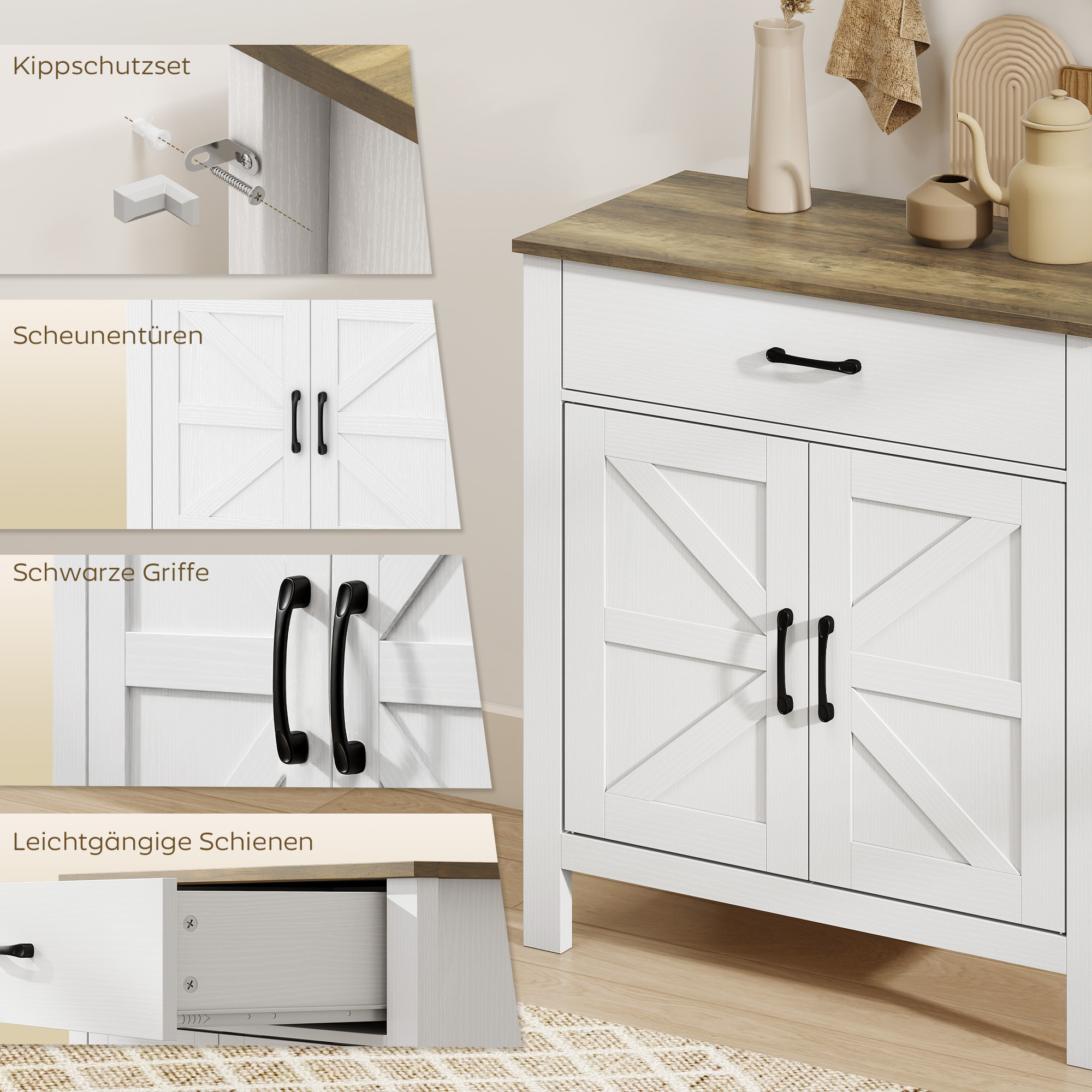 Sideboard Buffet-Schrank, Bauernhaus-Küchenschrank mit Schiebetüren und verstellbarem Regal, Weiß