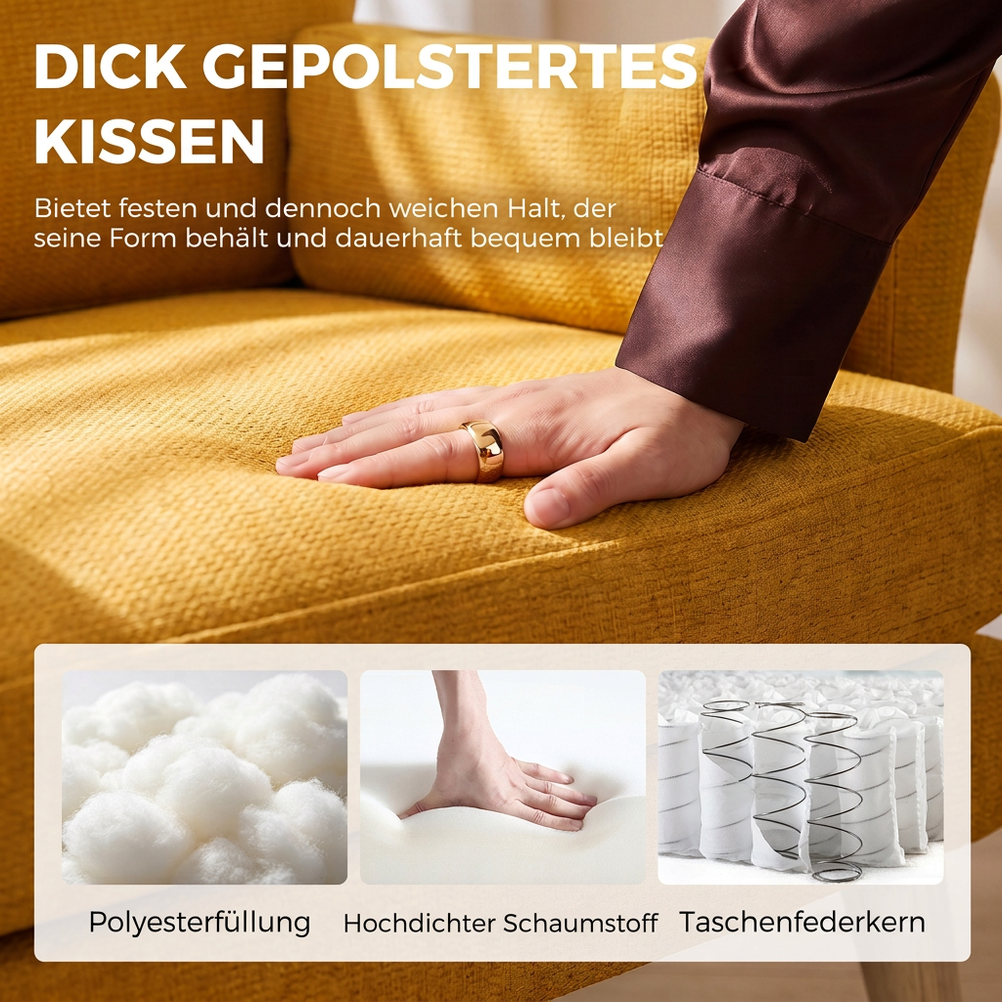 Samtgepolsterter Sessel, Übergroßer Akzentstuhl mit Holzbeinen, Lesesessel für Wohn- und Schlafzimmer, Gelb