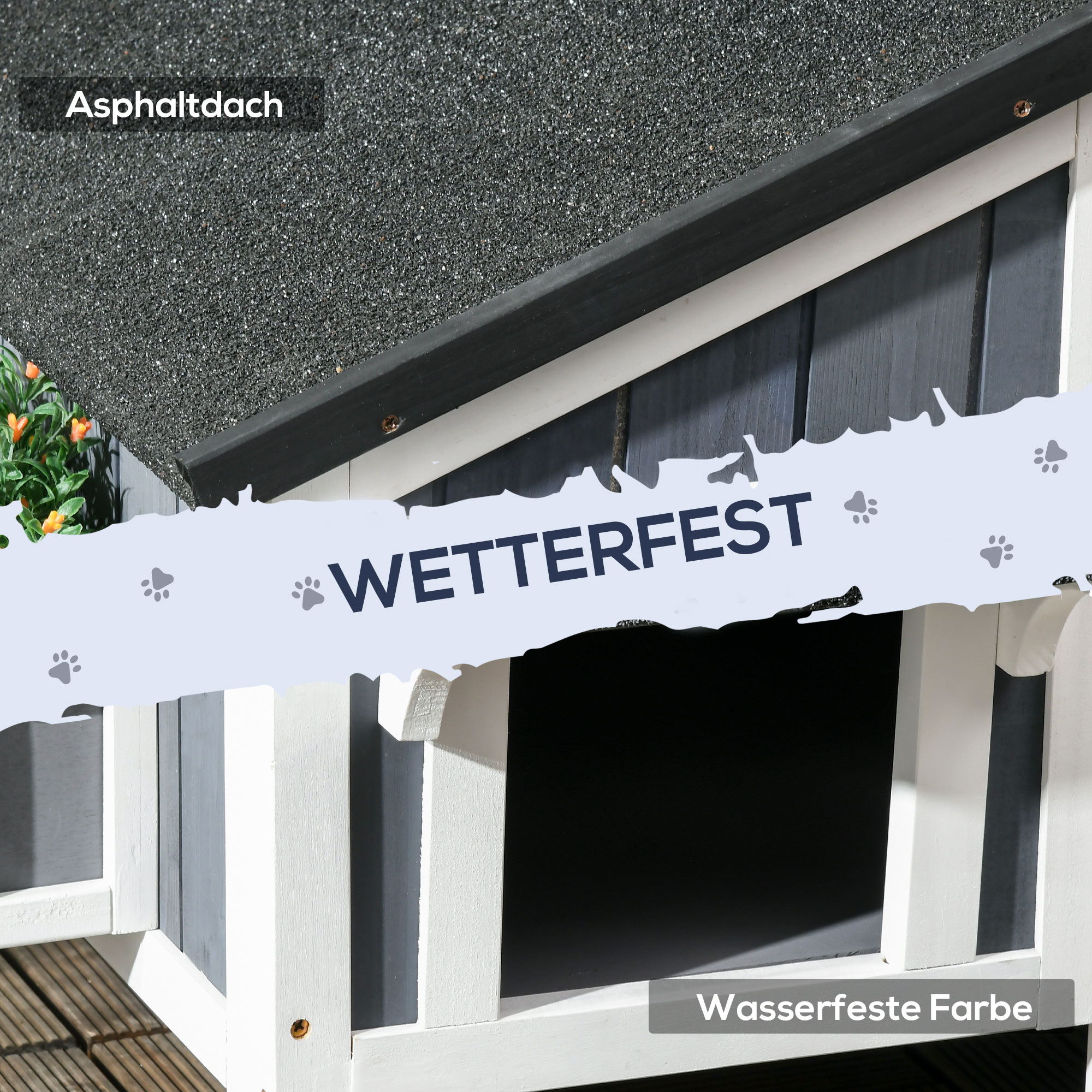 Outdoor-Katzenhaus, zweistöckig, Bodenabstand, Naturholz, Asphaltdach, grau, 96 x 65 x 85,5 cm