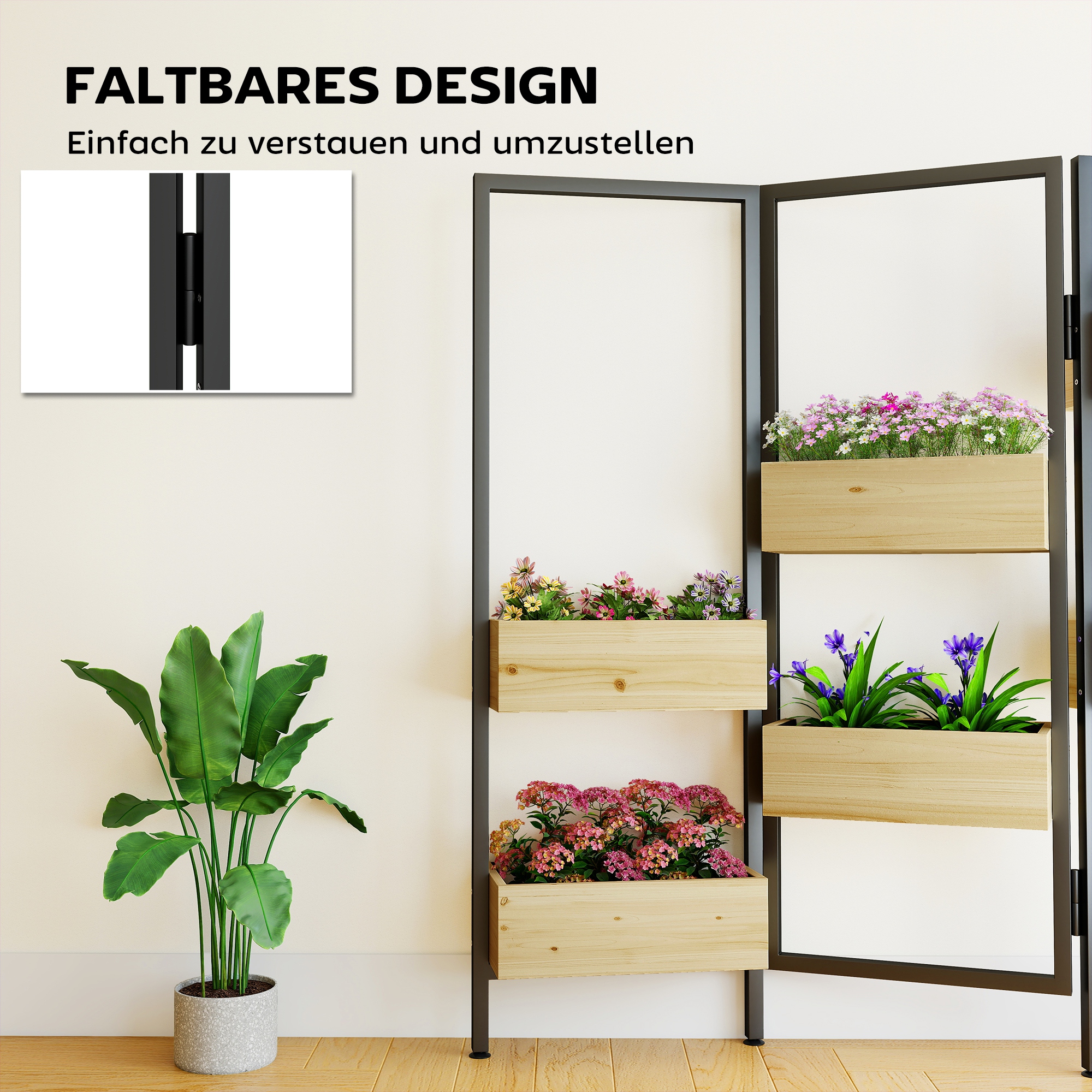 Blumenkasten mit Sichtschutz, Hochbeet mit Klappbarem Spalier, 6 Pflanzkästen mit Ablauflöchern, Stahl