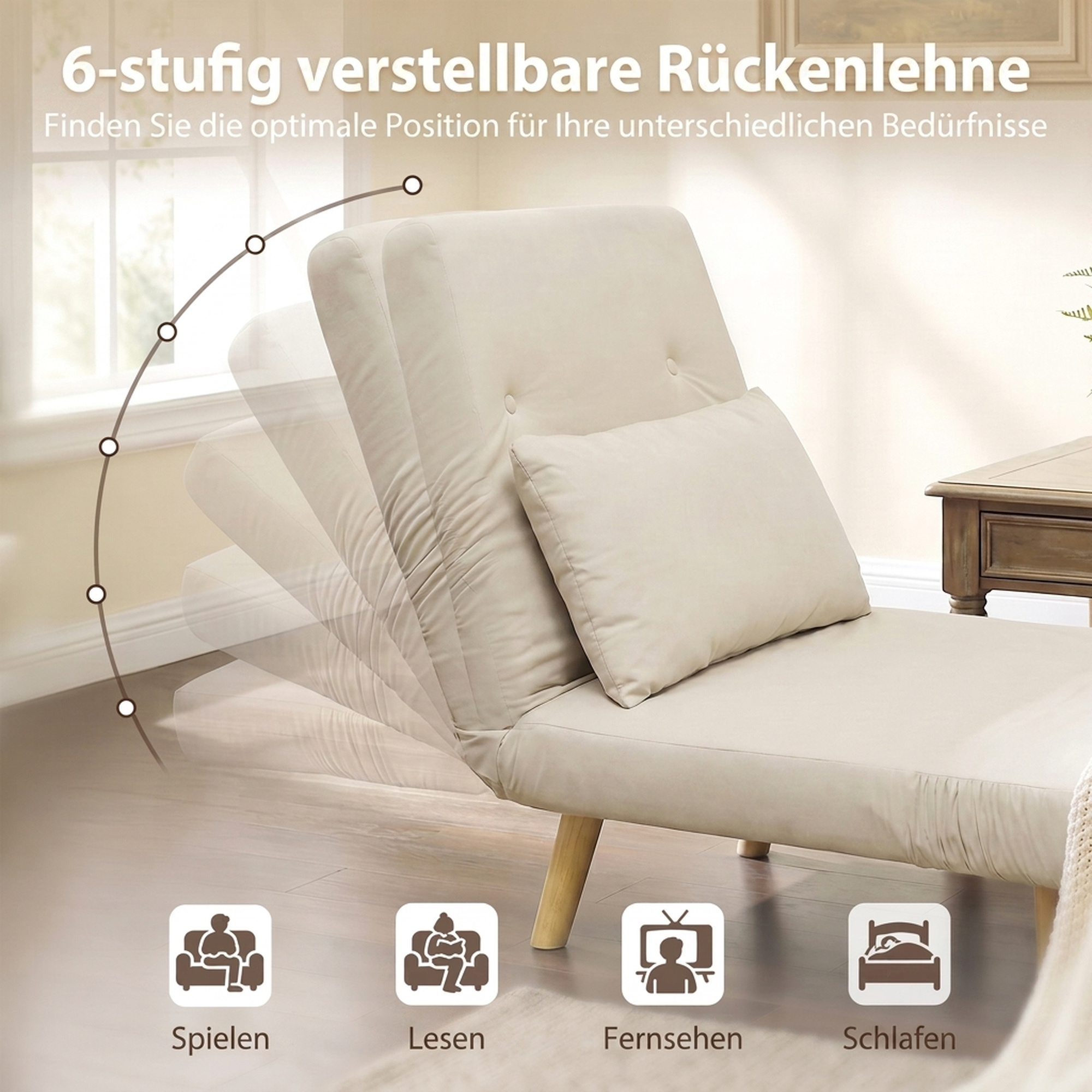 3-in-1 Schlafsessel, Klappsessel mit Schlaffunktion, verstellbare Click-Clack-Rückenlehne, Beige