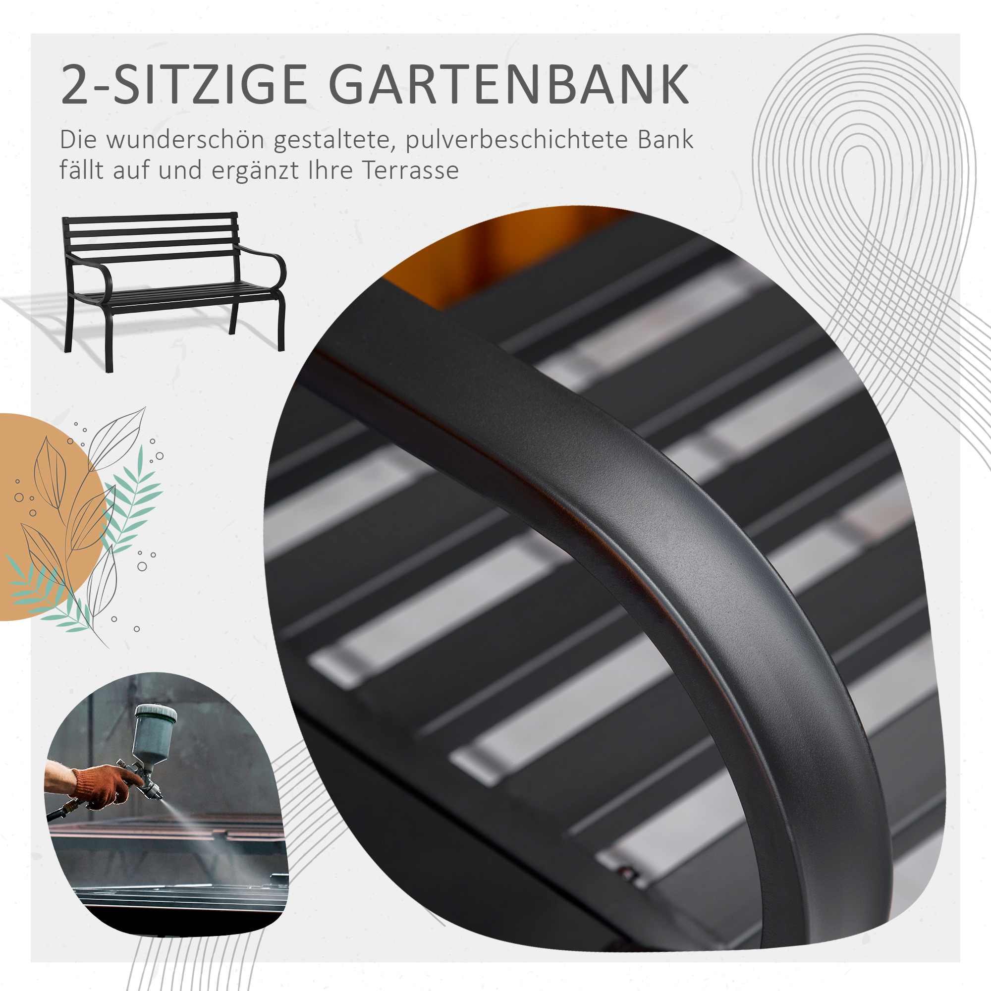 2-Sitzer Gartenbank Sitzbank 240kg belastbar Bank Gartenmöbel für den Innen- und Außenbereich geeignet 127 x 58 x 82 cm Schwarz