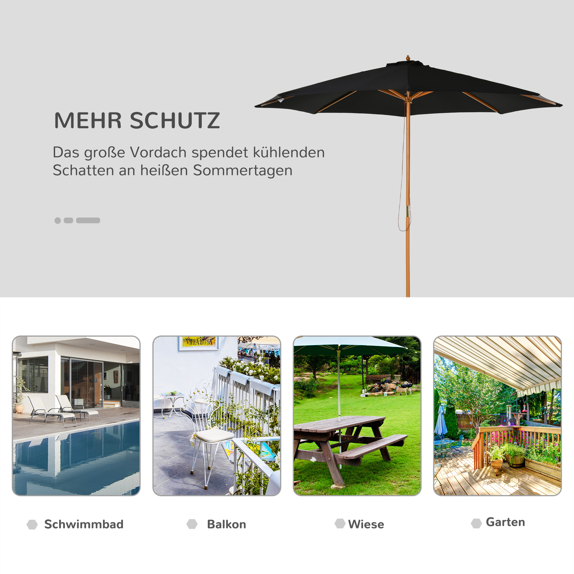 Sonnenschirm Ø 300 cm, Sonnenschirm mit UV Schutz Balkonschirm aus Holz Strandschirm stabil Marktschirm Sonnenschutz für Strand Terrasse Garten, Schwarz