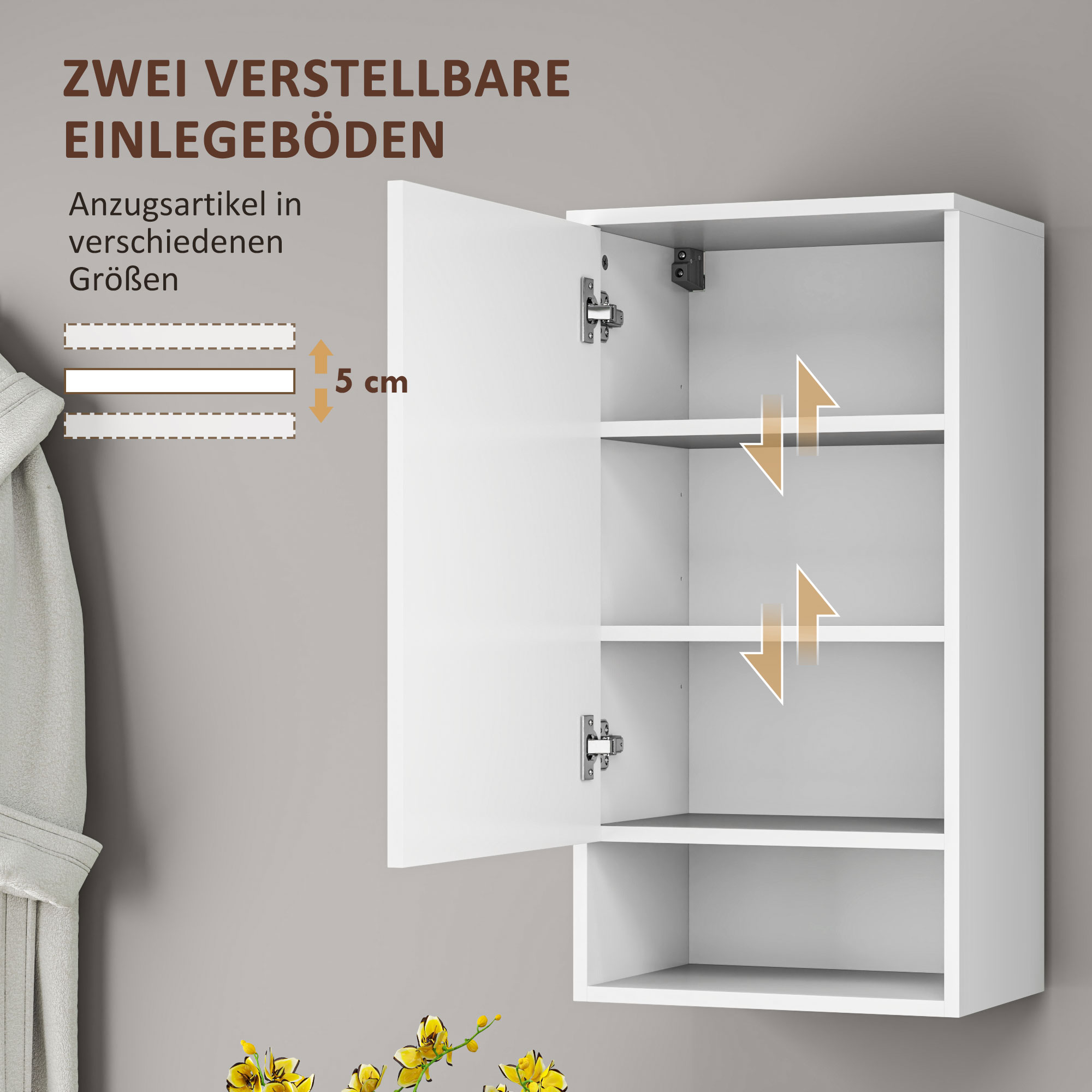 Wandmontierter Badezimmerschrank, Wandschrank für Badezimmer mit verstellbaren Ablagen, offenem Fach, Holz, Weiß