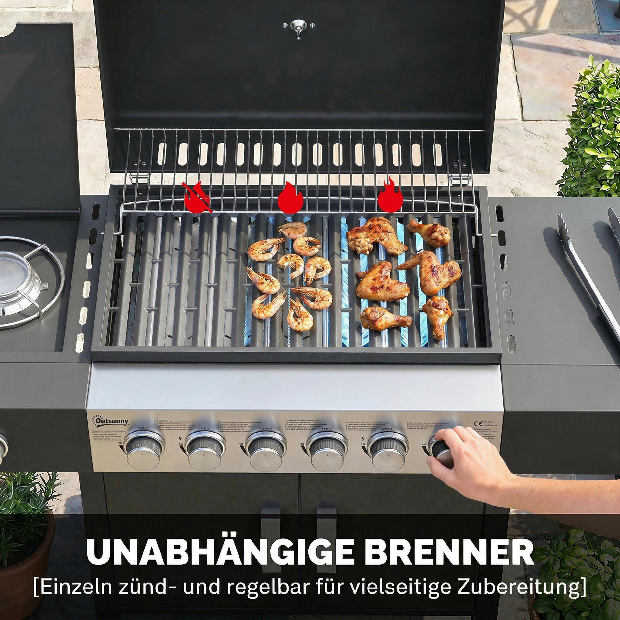 Gasgrill 17,8 KW 6+1 Brenner BBQ Grillwagen aus Edelstahl inkl Rolle Seitenbrenner Thermometer Emaille-Grillrost