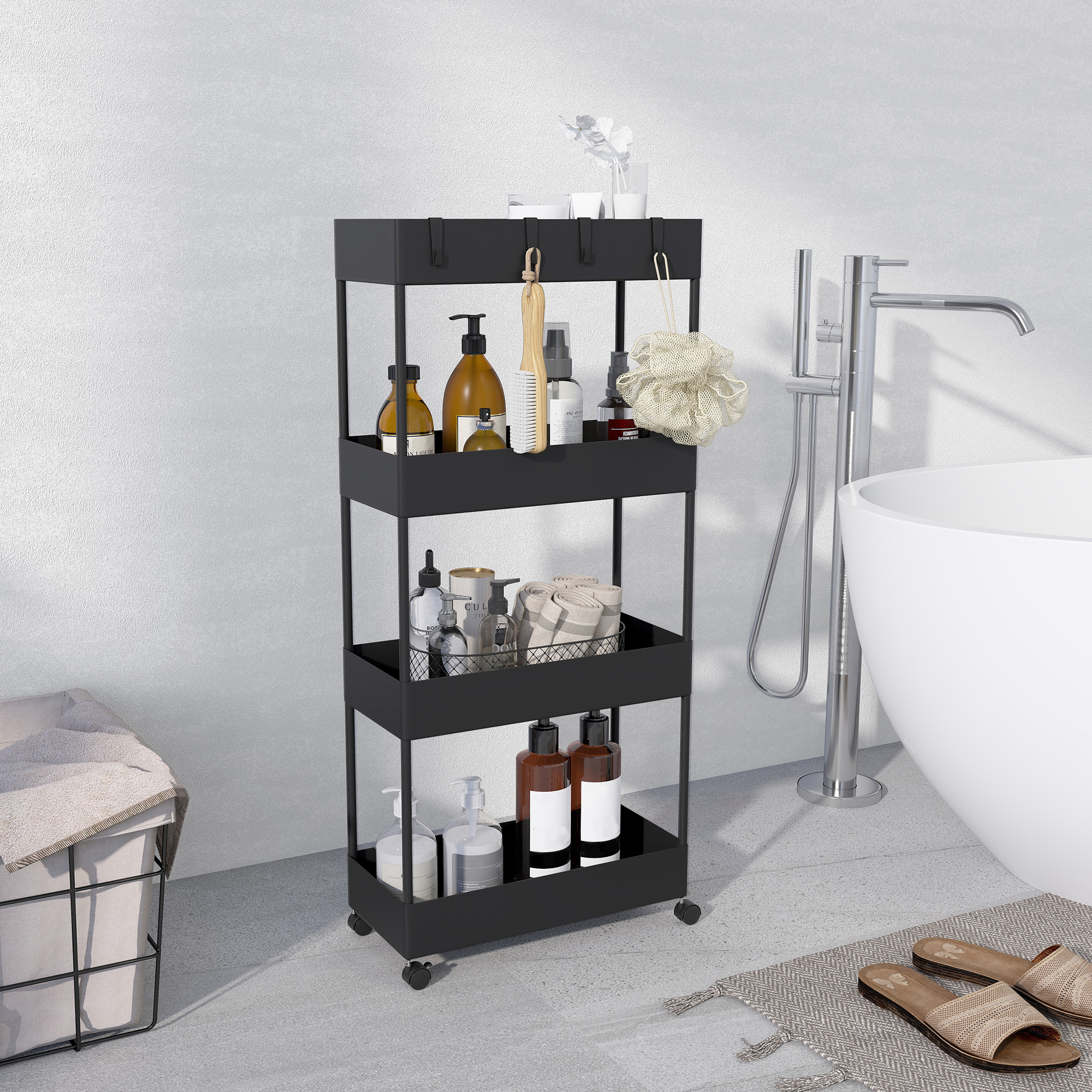 Küchenwagen mit 4 Regalen, 4 flexiblen Haken, 4 Rollen, 40 cm x 19 cm x 90 cm, Nischenwagen, Schwarz