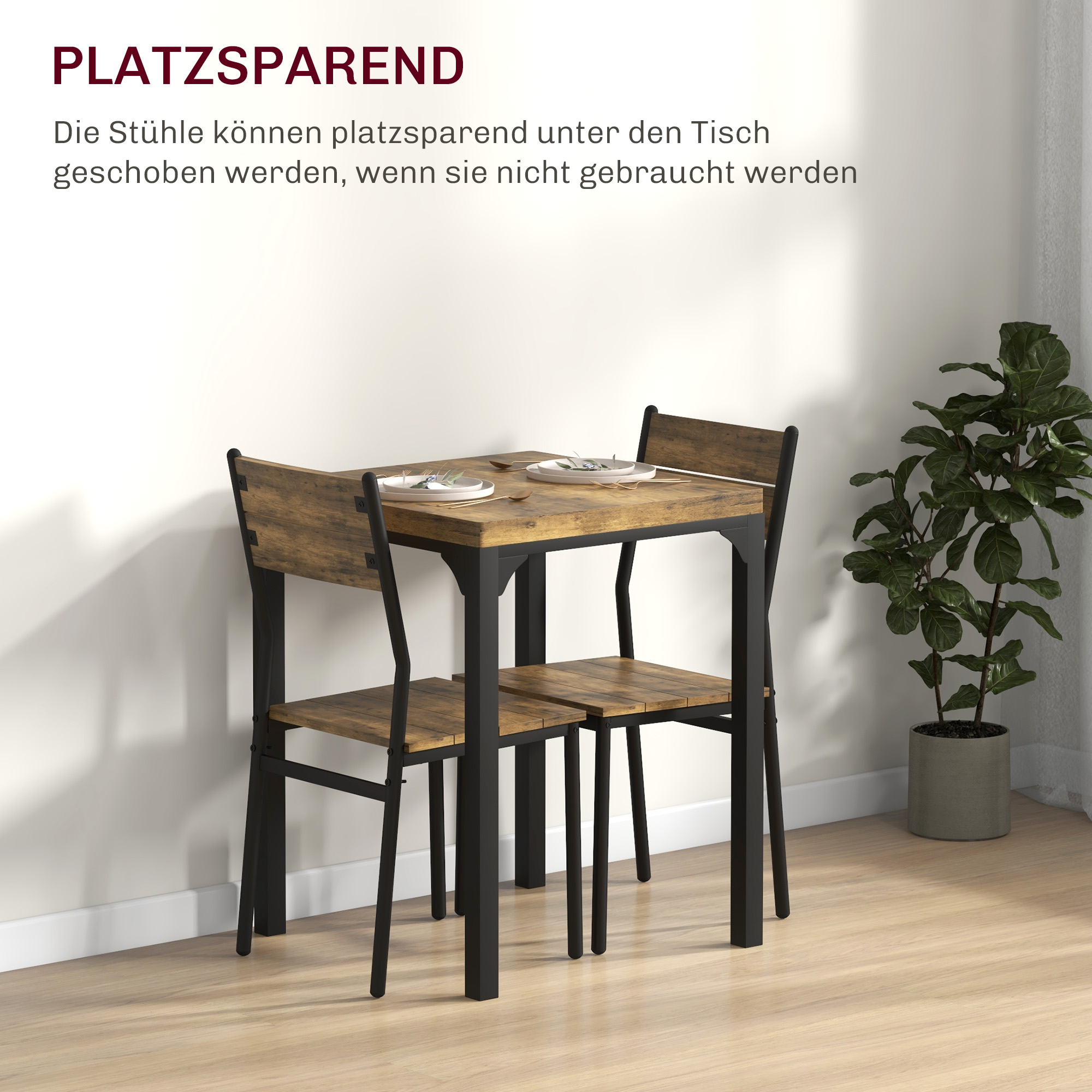3-teilige Essgruppe, Esstisch-Set, 1 Tisch, 2 Stühle, MDF+Metall, Braun