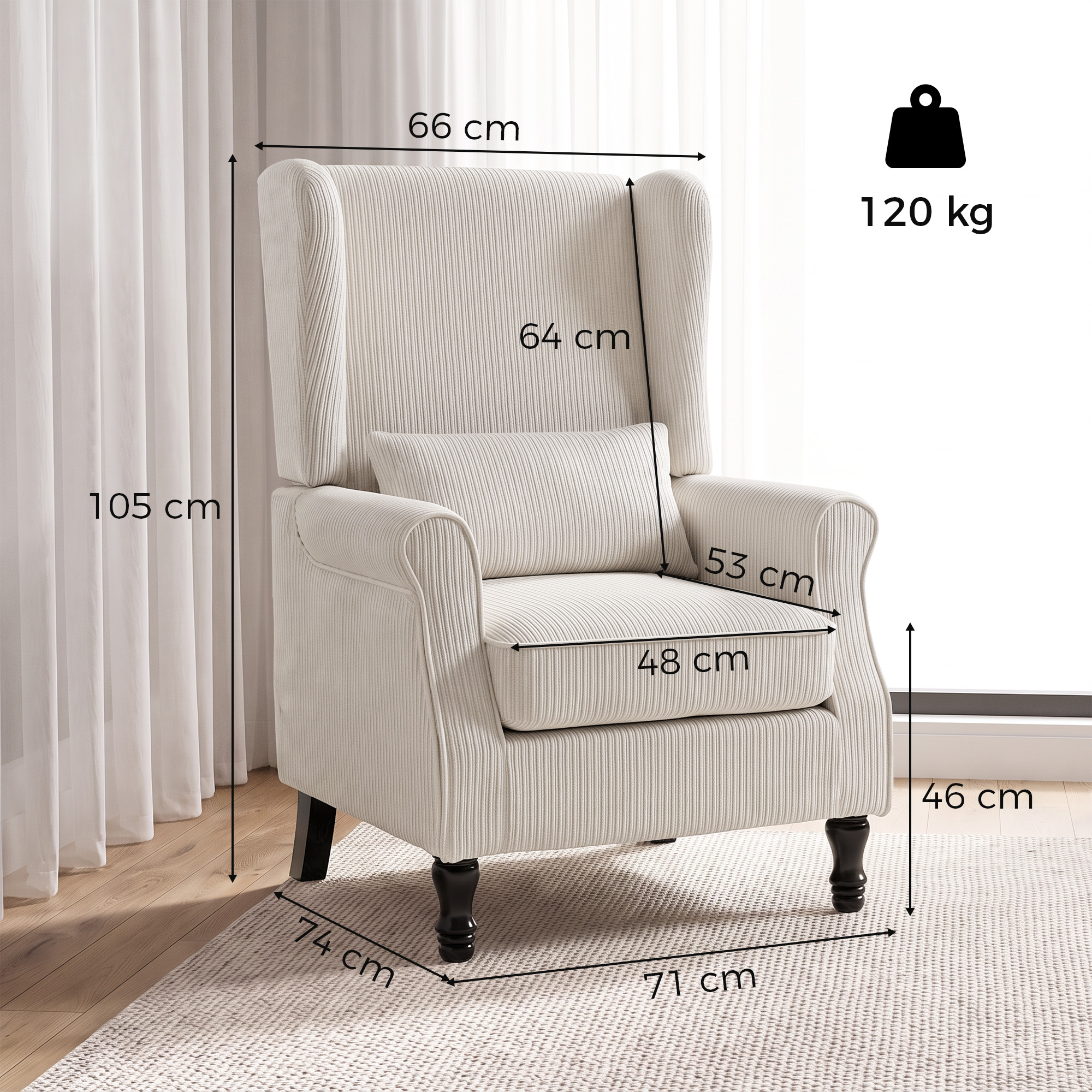 Sessel Ohrensessel mit Armlehnen, Cord-Optik Loungesessel mit Lendenkissen, Hoher Rückenlehne Beige