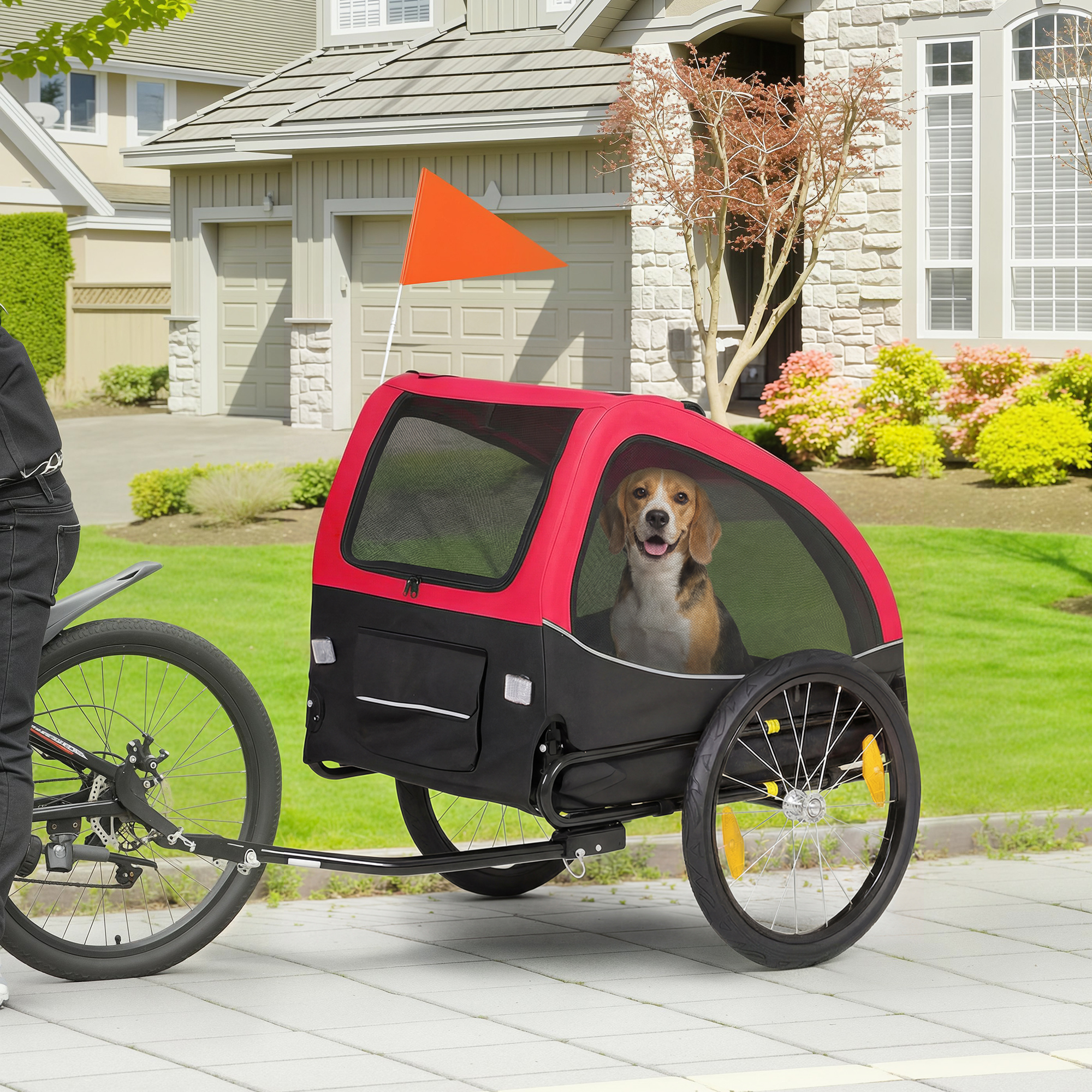 Hundeanhänger Faltbar mit Reflektoren Mesh-Fenster Rädern Tür Sicherheitsflagge für Hunde bis 20 kg 138x70x89 cm Rot