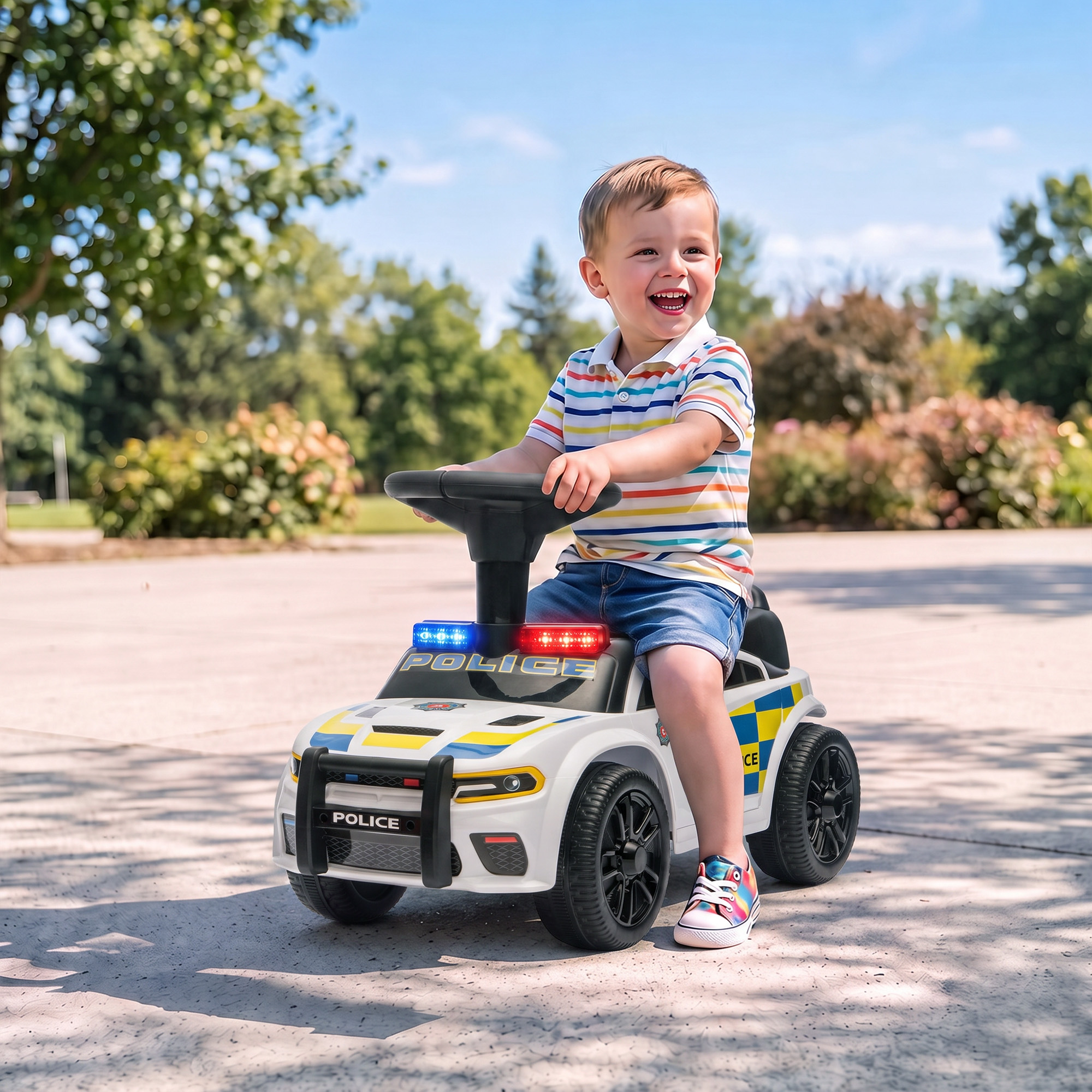 Rutschauto Kinder Polizei Rutschfahrzeug mit Musik Licht Anti-Kipp-Schutz & Stauraum unter dem Sitz 18-36 Monate Weiß