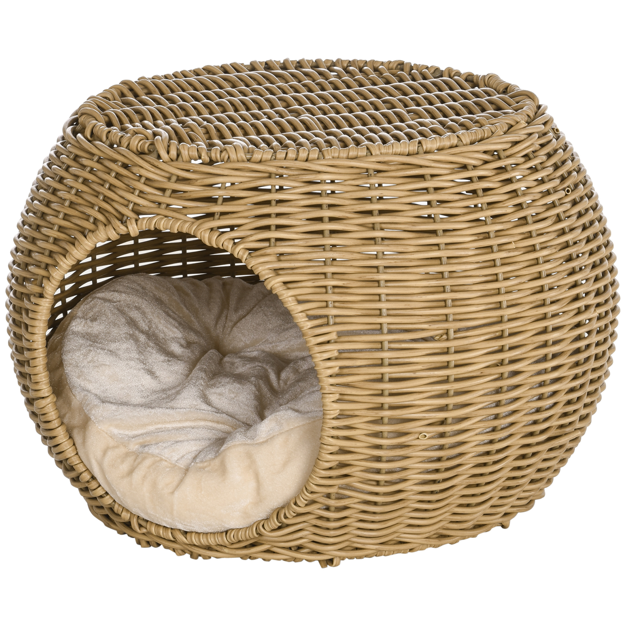 Katzenkorb Rattan zweistöckig Katzenbett Katzenkörbchen mit Kissen Vordertür  für Katze unter 3,5 kg Ø40 x 30 cm