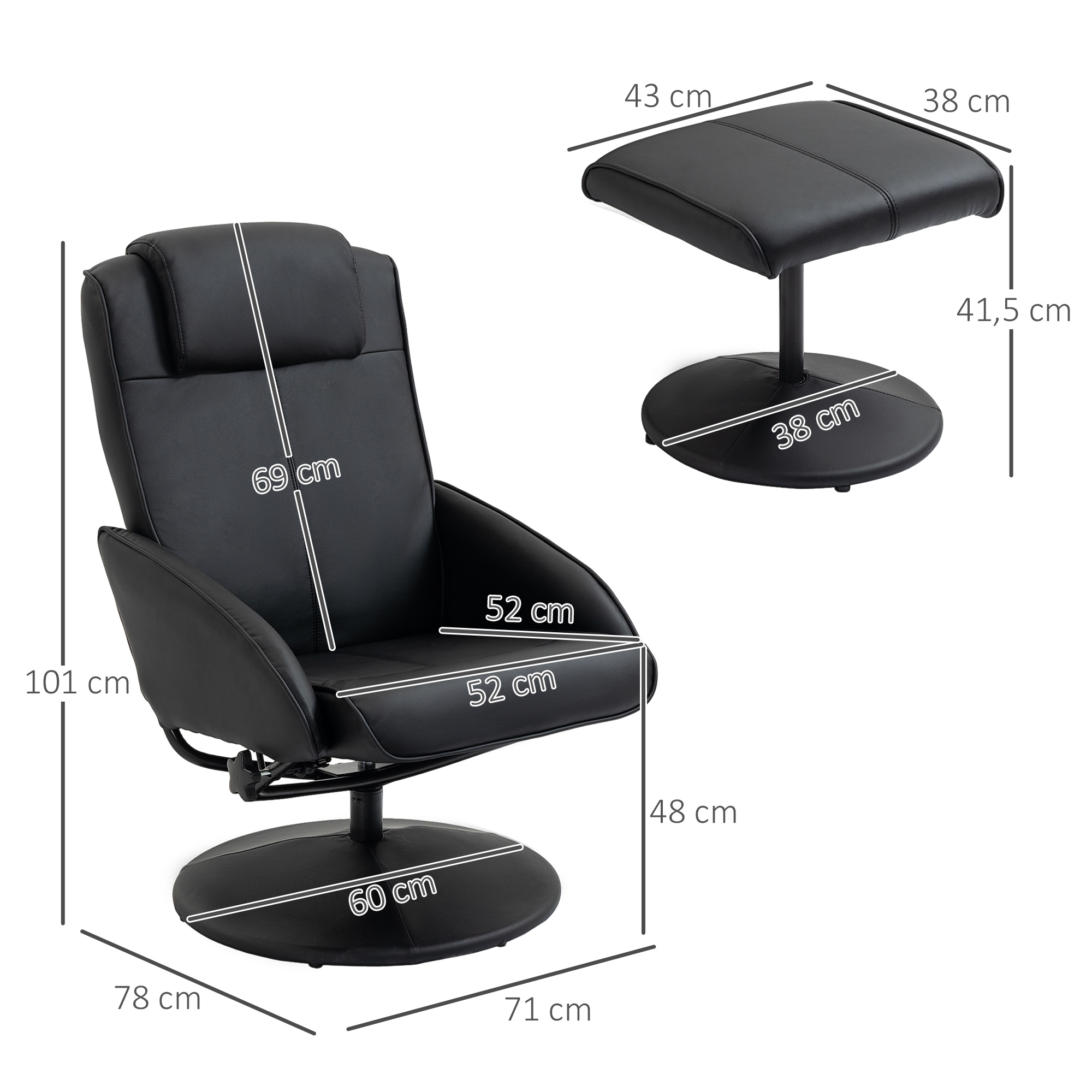 Relaxsessel mit Fußhocker, Kunstleder-Bezug, neigbar, ergonomisches Design, Schwarz