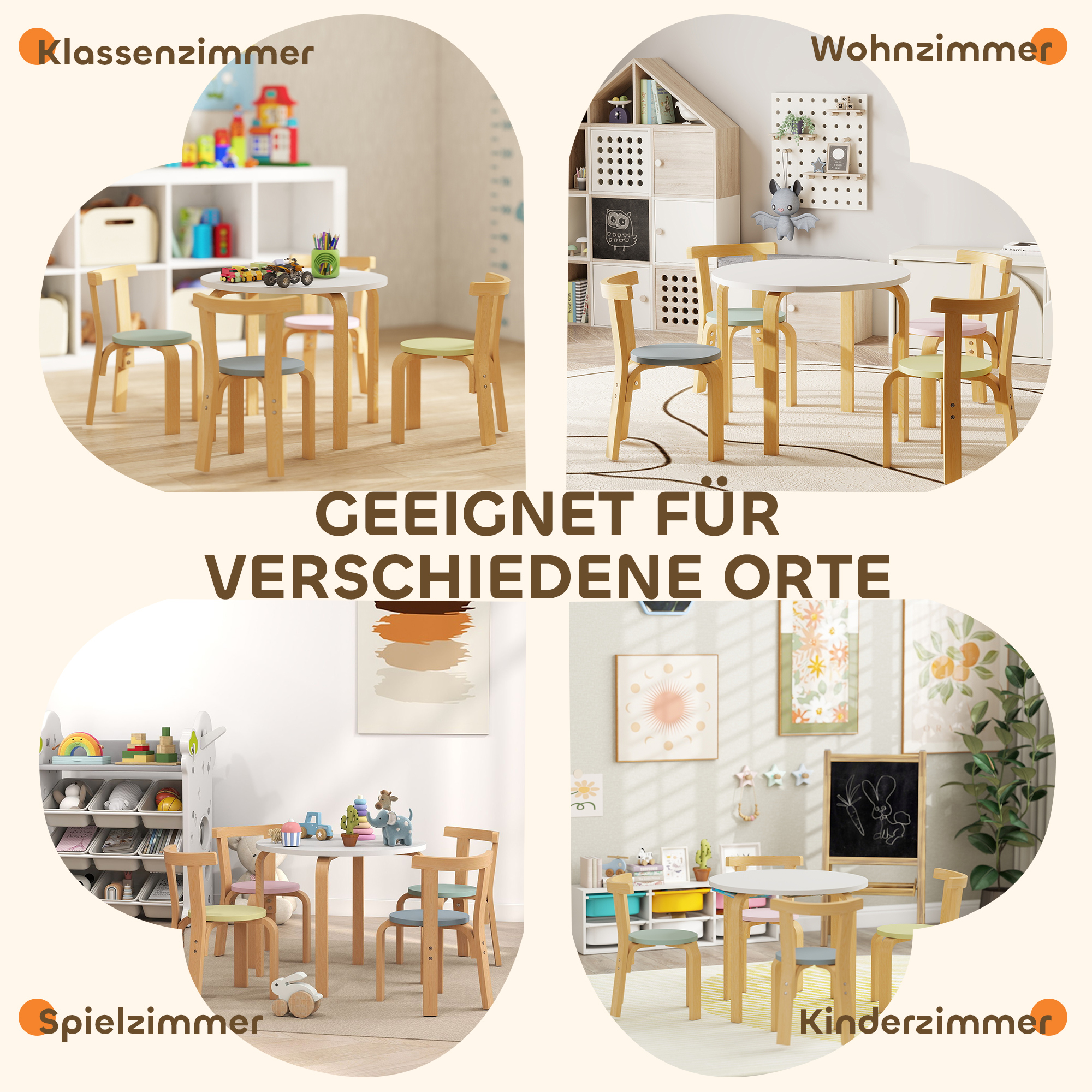 5-teiliges Kindertisch- und Stuhlset, leichtes Massivholz, Bunt