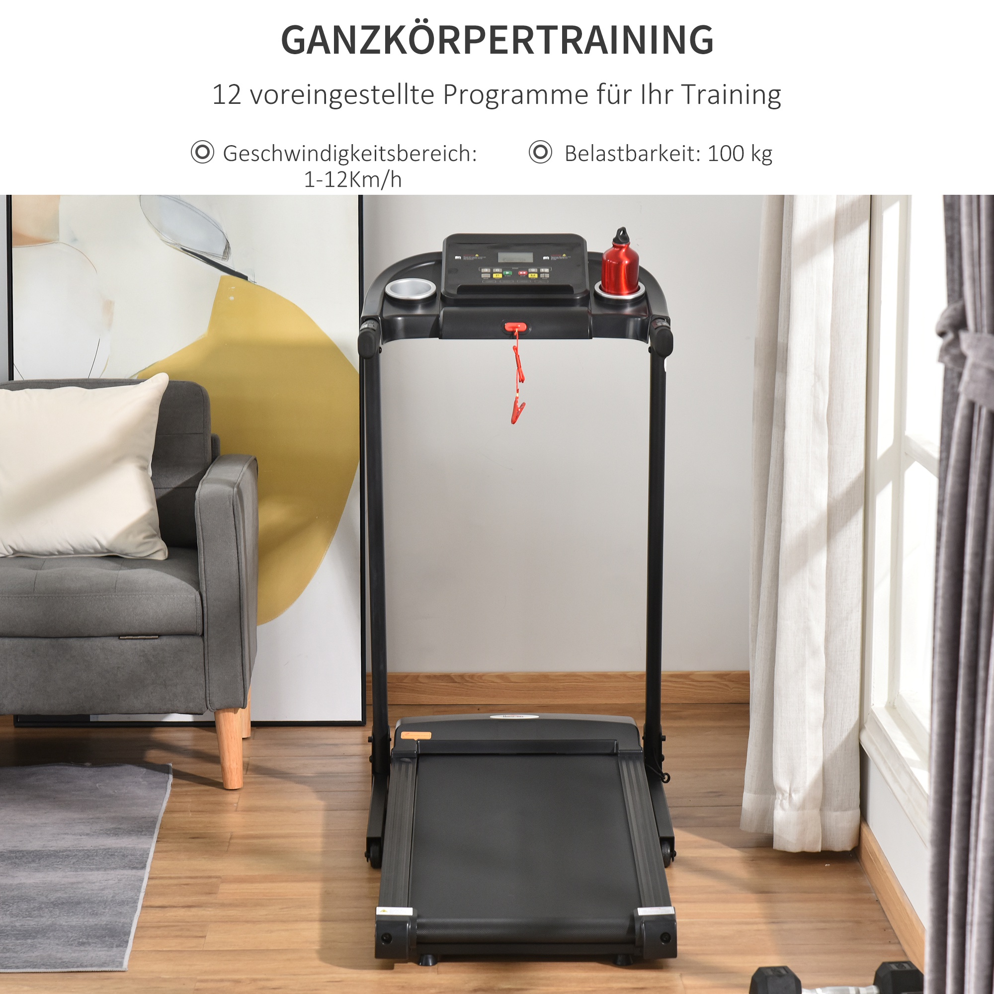 Laufband Klappbar elektrisch 500 W 1-12 km/h LED-Display Getränkehalter und Handyhalterung sehr gut geeignet für Home Gym Indoor Fitness Schwarz 134 x 60 x 118 cm