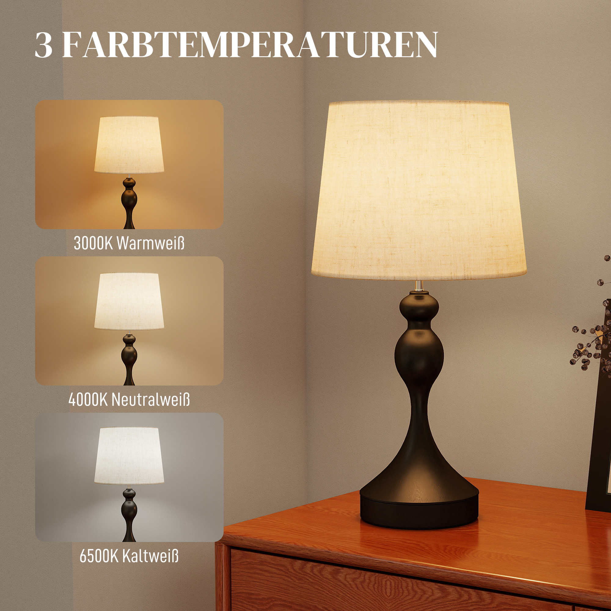 Tischlampe LED Tischleuchte mit 3 Farbtemperaturen, Nachttischlampe mit USB A+C Ladeanschlüssen, Leinenschirm, Schwarz