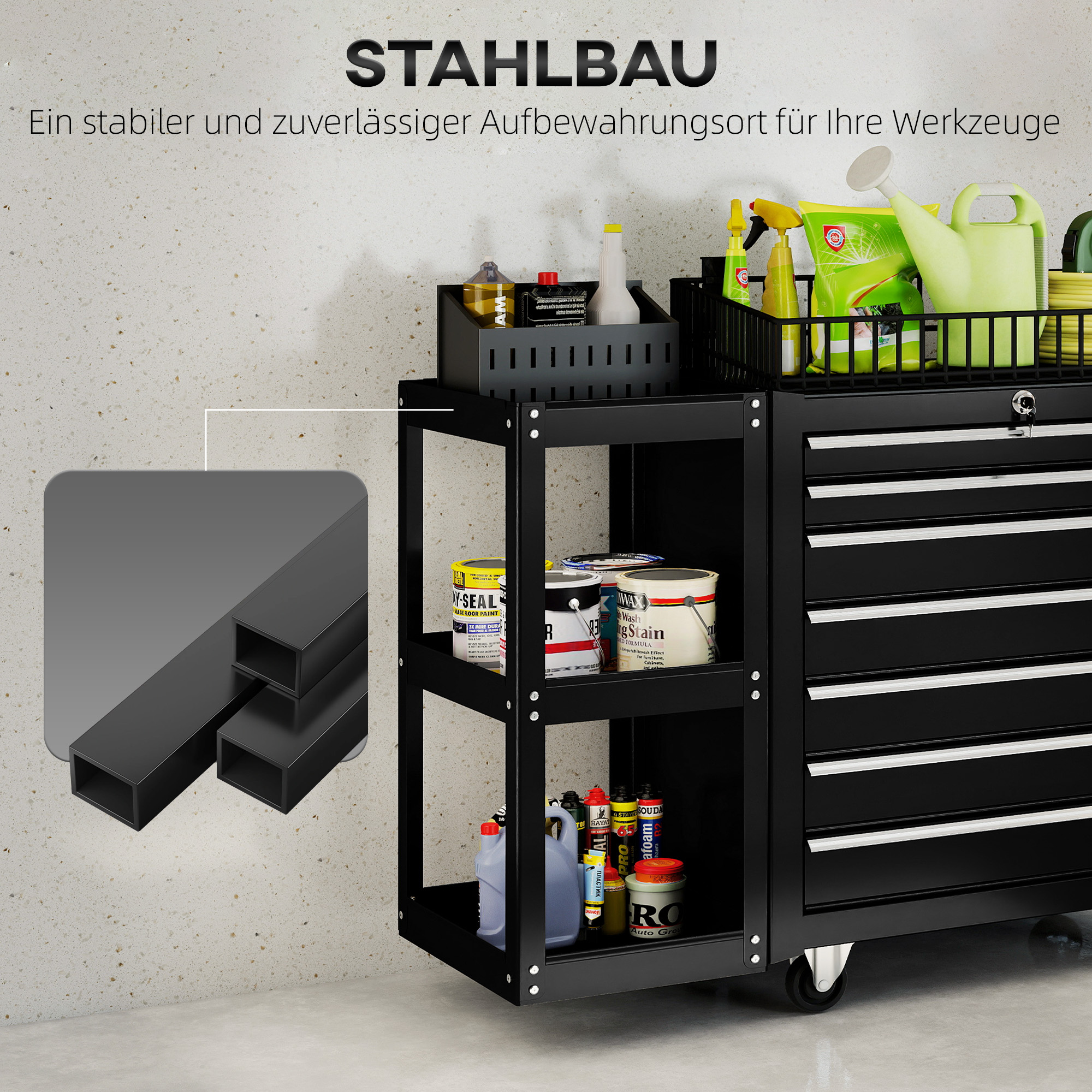 Werkstattwagen Werkzeugwagen mit 7 Schubladen abnehmbar Seitenregal 4 Rollen mit Feststellbremse, 96x33,5x75cm, Schwarz