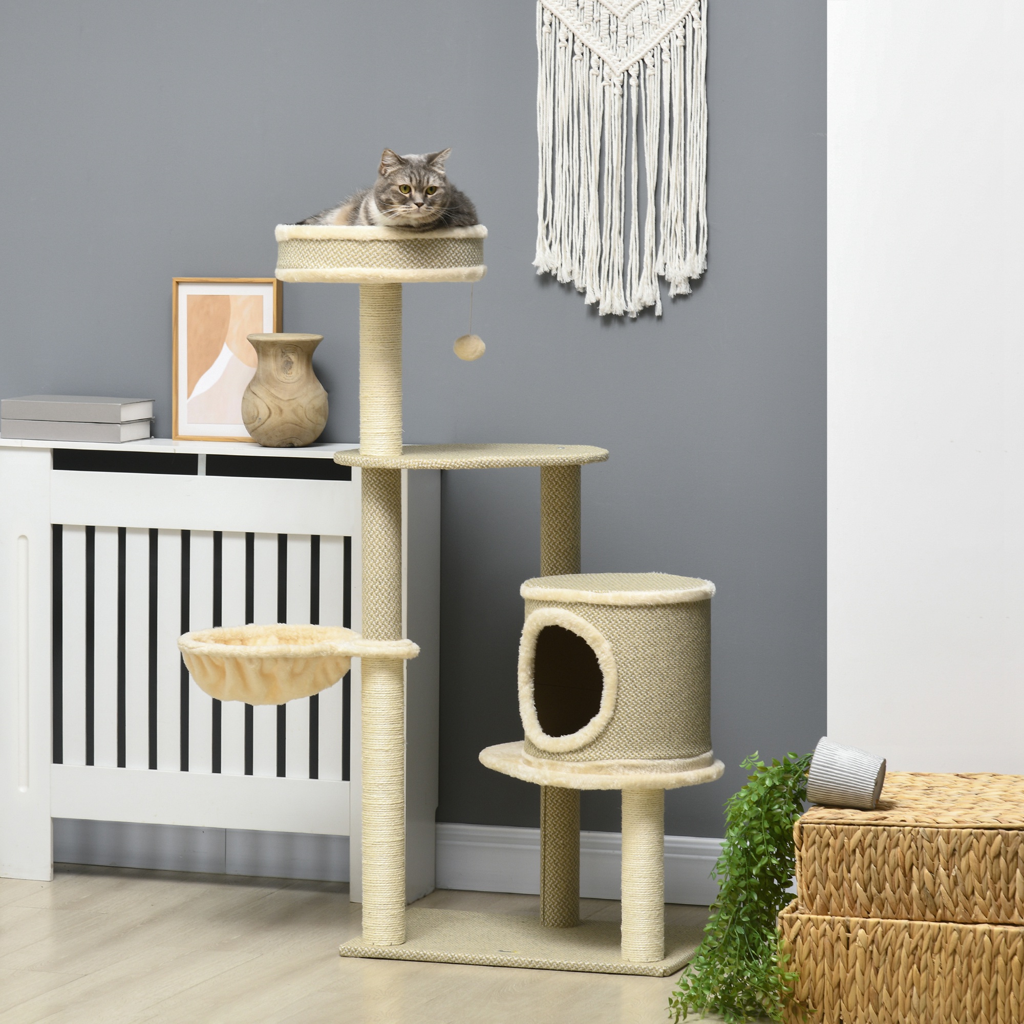 Kratzbaum Katzenbaum, 1 Katzenbett, 1 Katzenhöhle, 2 Liegeflächen, 124 cm x 59 cm x 40cm +Beige