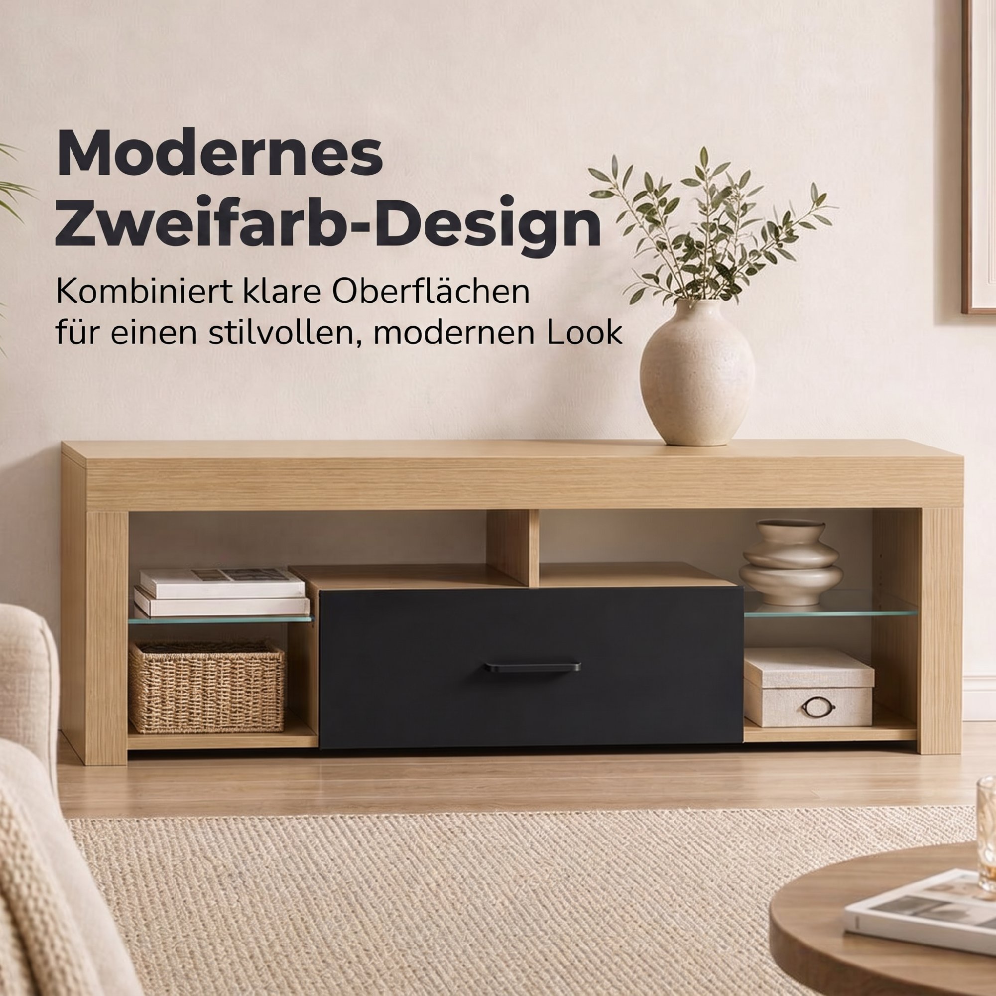 TV-Lowboard für Fernseher bis 65 Zoll, moderner TV-Schrank mit verstellbaren Glasböden, Eiche