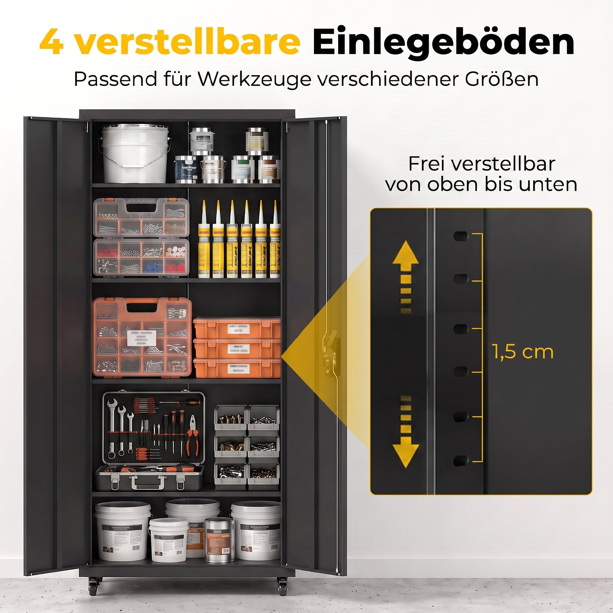 Aktenschrank, Abschließbar Metallschrank mit Rollen, 5 Verstellbaren Ablagen, aus Stahl, 80 x 40 x 180 cm Schwarz