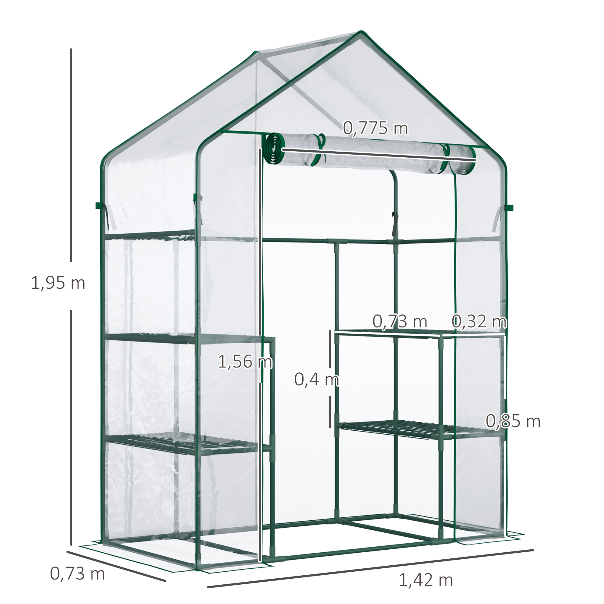 Foliengewächshaus begehbares Gartenhäuschen Tomatengewächshaus Treibhaus Frühbeet mit 6 Regalen Transparent Stahl PVC-Kunststoff 142 x 73 x 195 cm