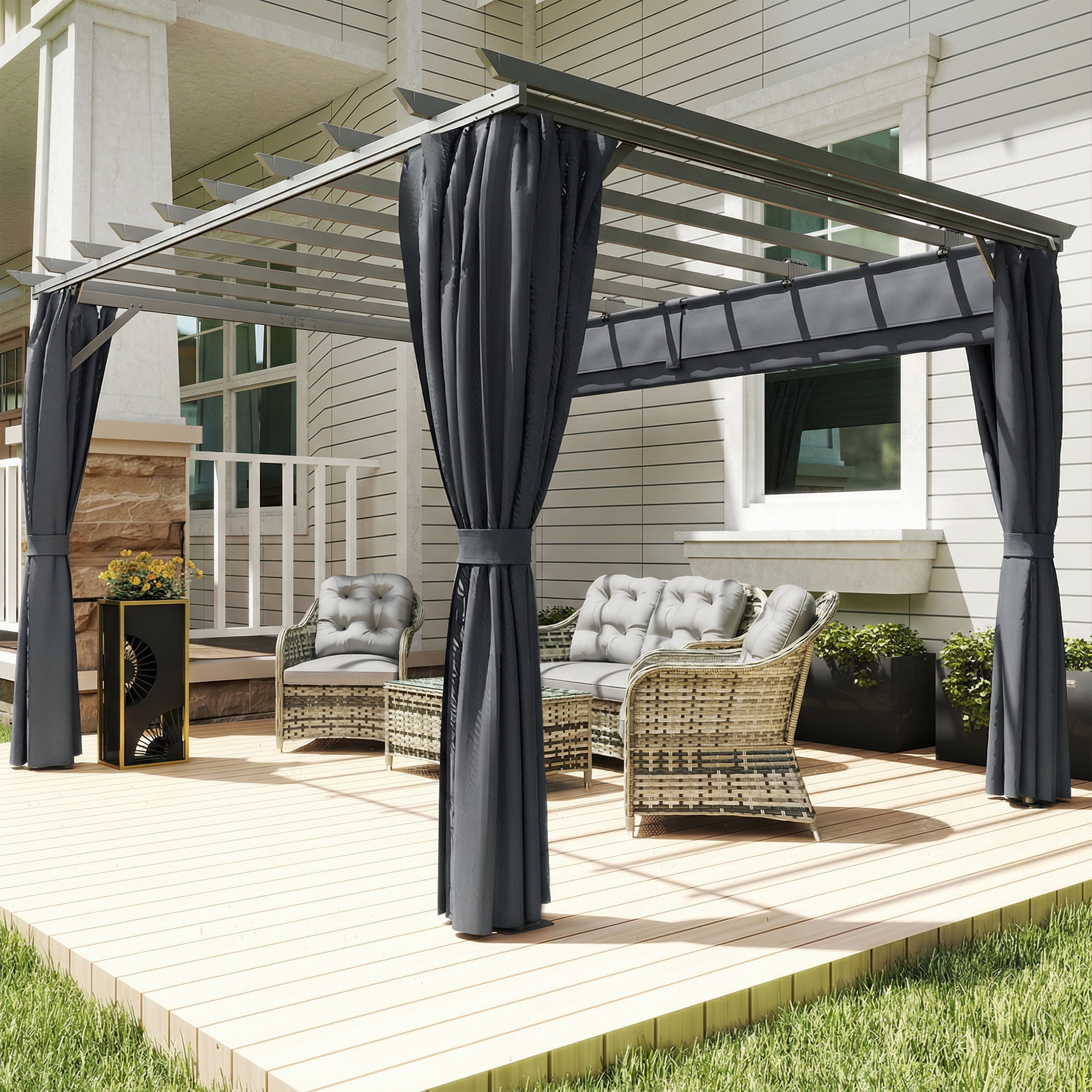 Pergola ca. 3,6x3 m Garten Pavillon Terrassenüberdachung aus Aluminium Gartenpavillon mit verstellbares Dach Dunkelgrau