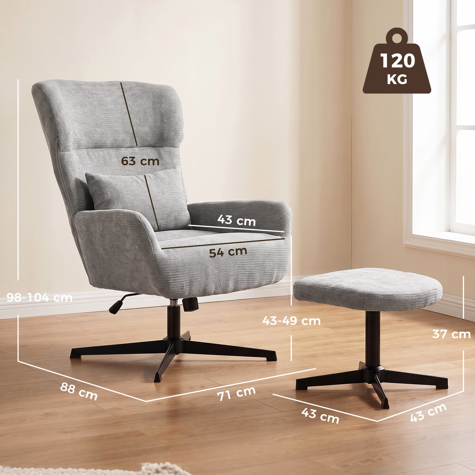 360° drehbarer Loungesessel mit Hocker, höhenverstellbar, Chenille-Bezug, mit Lendenkissen, Cremeweiß