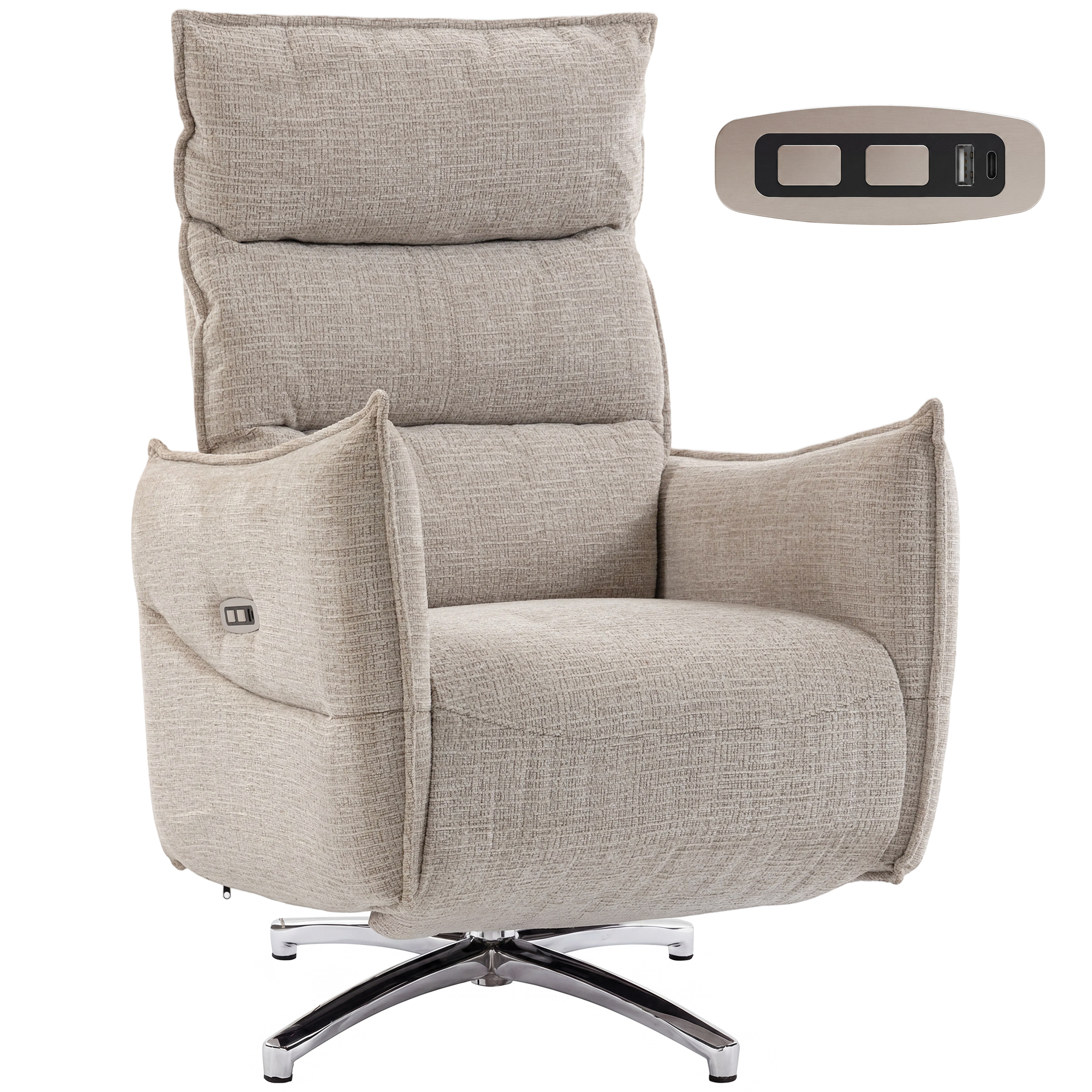 drehbarer elektrischer Relaxsessel für Erwachsene, Sessel mit Leinenoptik-Stoff und Ladeanschlüssen, Beige