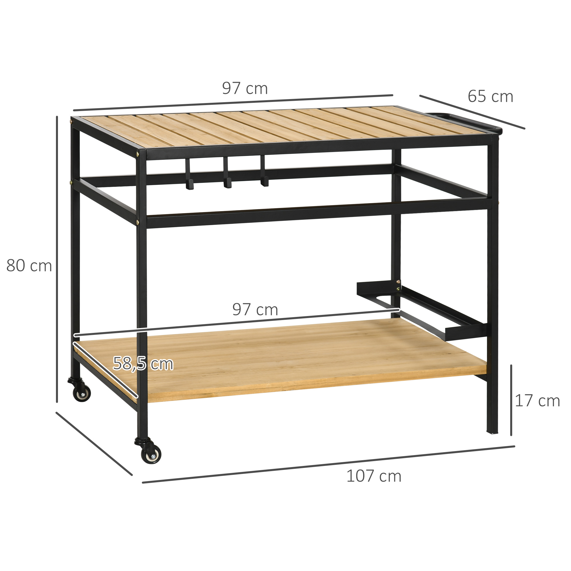 Servierwagen im Industrie-Design, wetterbeständig, 3 Haken, 1 Regal,107 cm x 65 cm x 80 cm, Schwarz +Natur