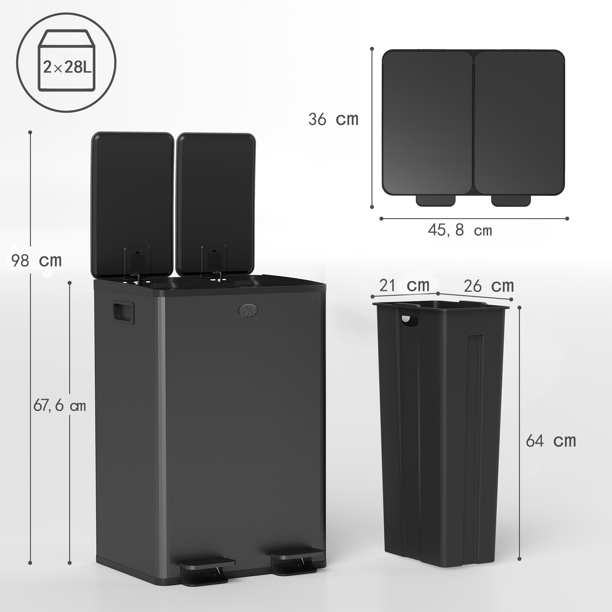 2 x 28 L Doppelmülleimer, Pedalöffnung, leicht zu reinigen, Edelstahl, Kunststoff, Schwarz