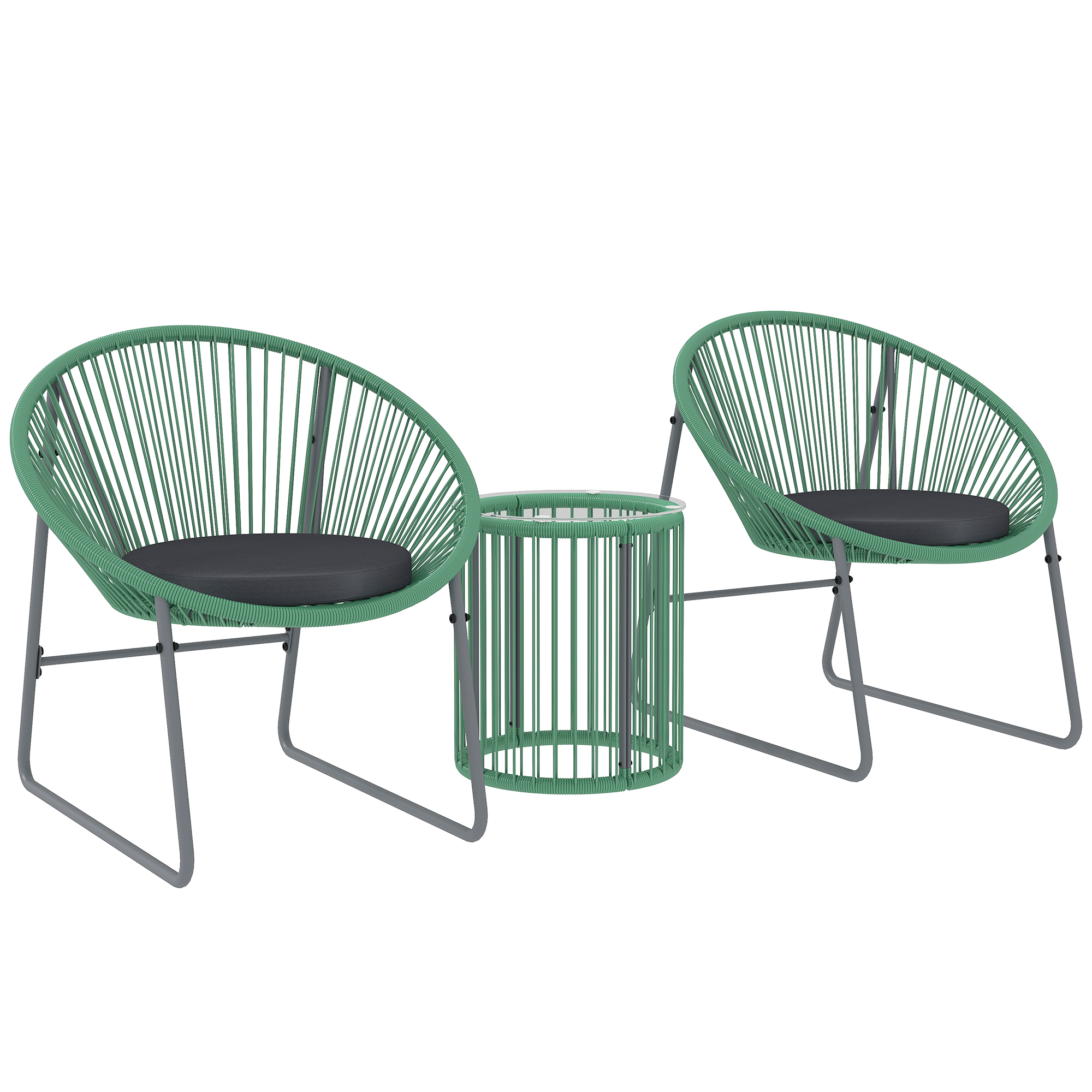 3-teiliges Outdoor-Möbelset, 1 Tisch, 2 Stühle, Glastischplatte, Kunststoff-Rattan um Stahlrahmen, weiche Kissen, Grün 3-teiliges Outdoor-Möbelset, 1 Tisch, 2 Stühle, Glastischplatte, Kunststoff-Rattan um Stahlrahmen, weiche Kissen, Grün