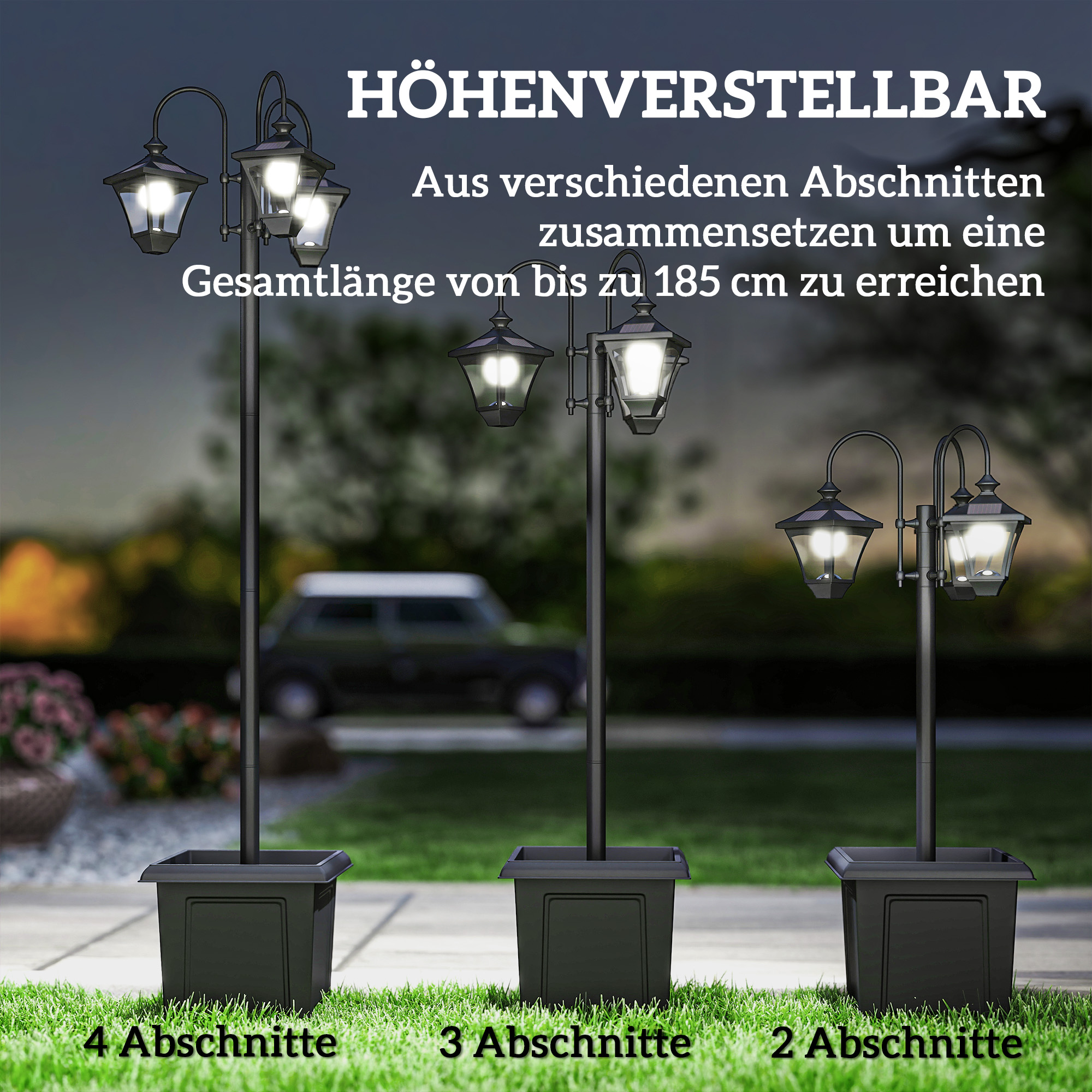 Solar Laterne Stehleuchte mit Blumentopf 185cm Höhenverstellbar Außen Gartenlaterne mit 3 Lampenköpfe Lichtsteuerung