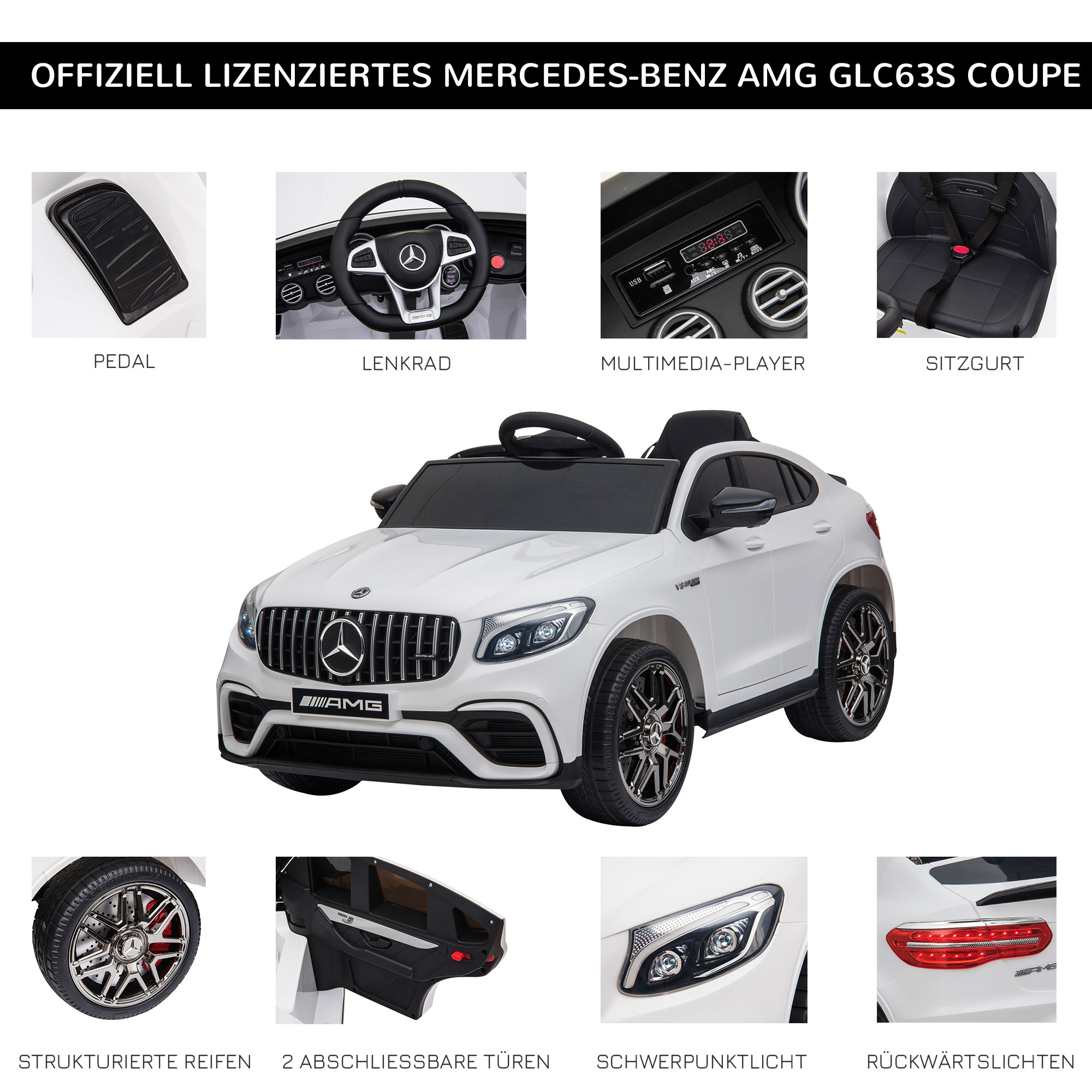 Kinderfahrzeug 12V Mercedes-Benz AMG GLC63S COUPE lizenzierter Elektroauto mit Fernbedienung Sicherheitsgurt  2 x 35W Motoren MP337-60 Monate Weiß 115 x 70 x 55 cm