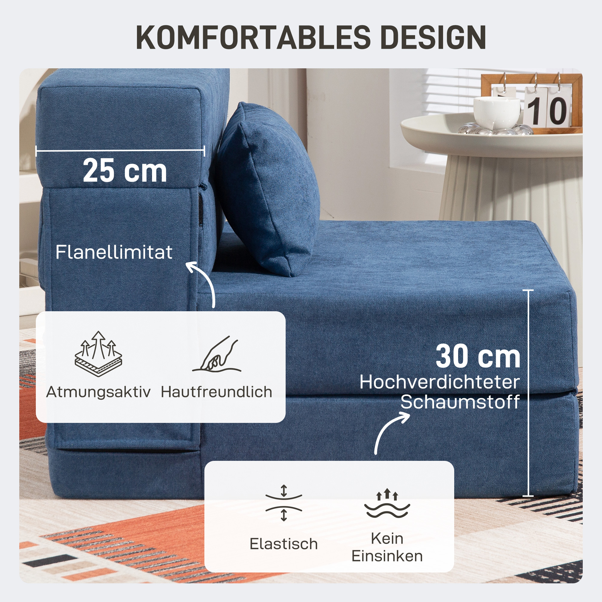 Bodensofa, Polstercouch, in Matratze umwandelbar, Schaumstoff, Kissen, Dunkelblau