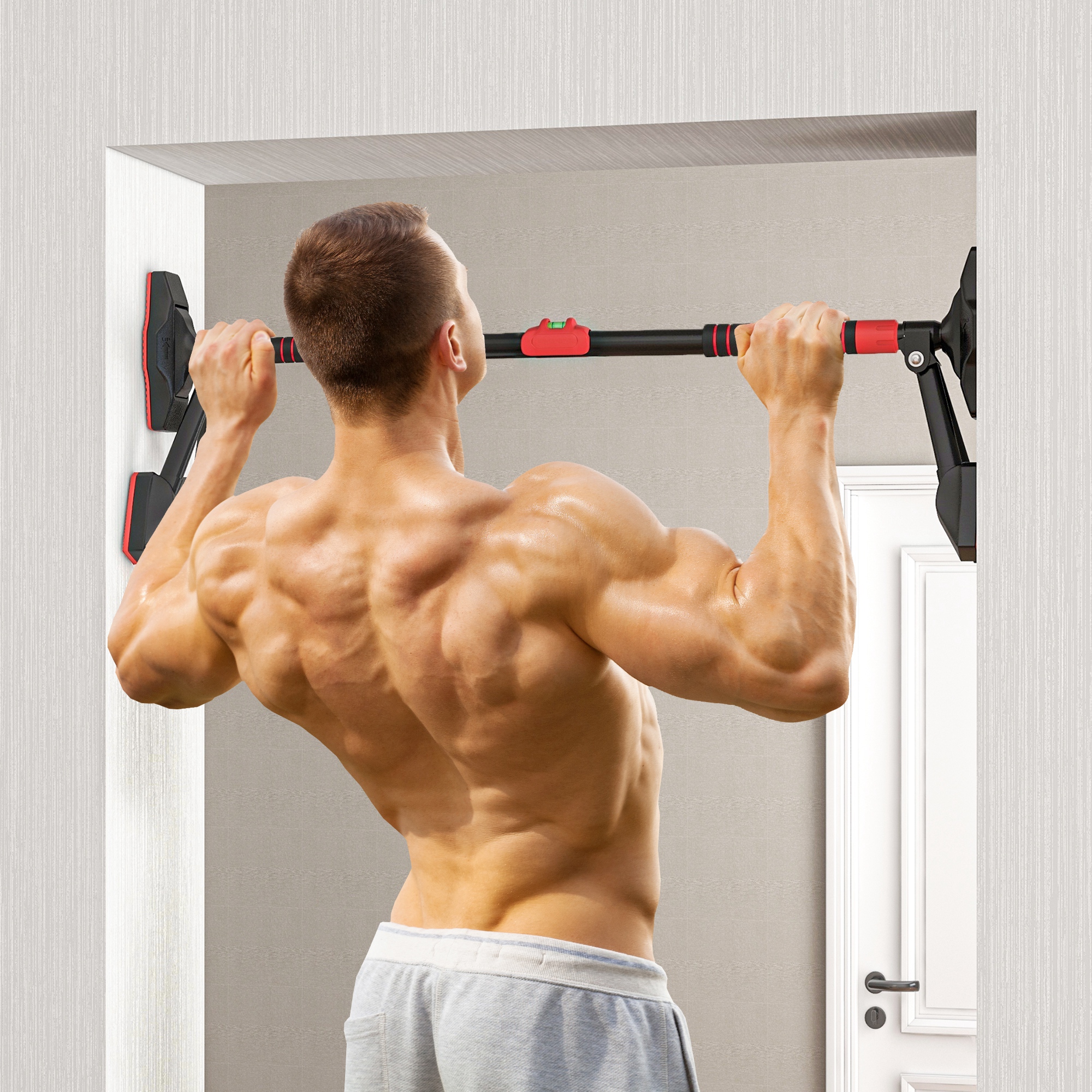 Klimmzugstange, verstellbar 80-110cm, Wasserwaage, 6-Punkt-Unterstützung, Metall, Schwarz/Rot