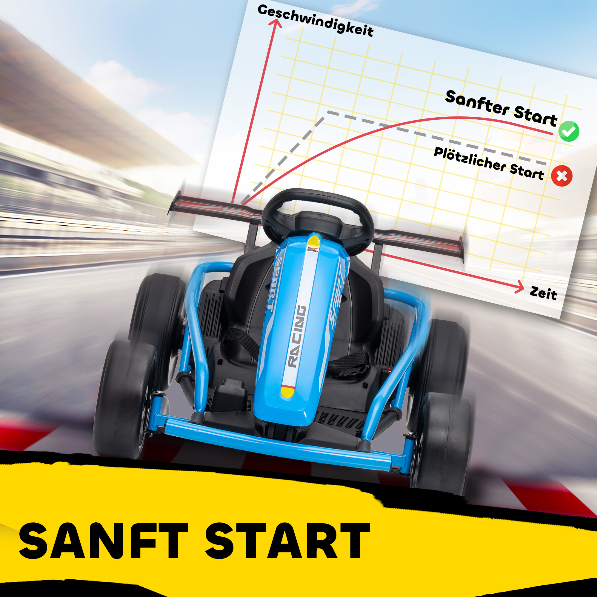 24V Elektro-Go-Kart zum Fahren und Driften, Nylon-Reifen, Sicherheitsgurt, Hupe, Musik für 8-12 Jahre Blau