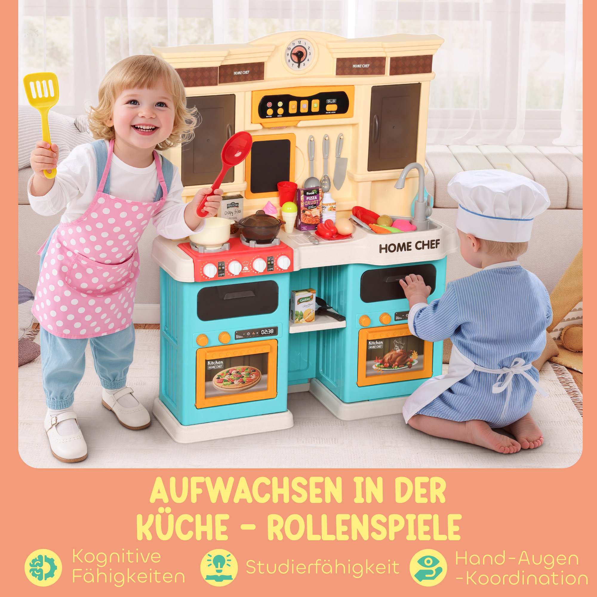Spielküche mit fließendem Wasser, 85-teiliges Zubehör, elektrischer Wasserhahn, Lichter, Geräusche, für Kinder von 3-6 Jahren, Kunststoff, Grün