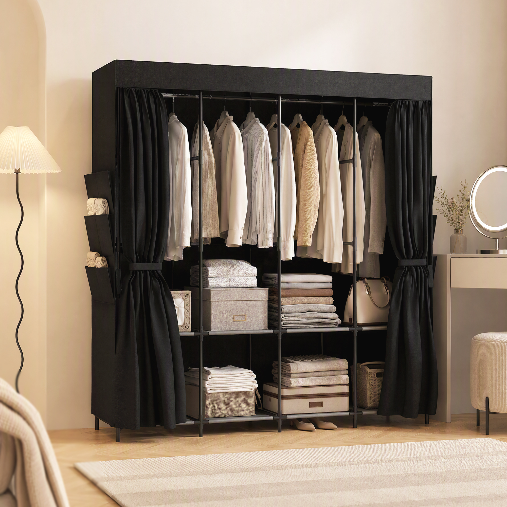 Stoff-Kleiderschrank, staubdicht, tragbar, 5 Kleiderstangen, 170 x 45 x 167 cm, Schwarz