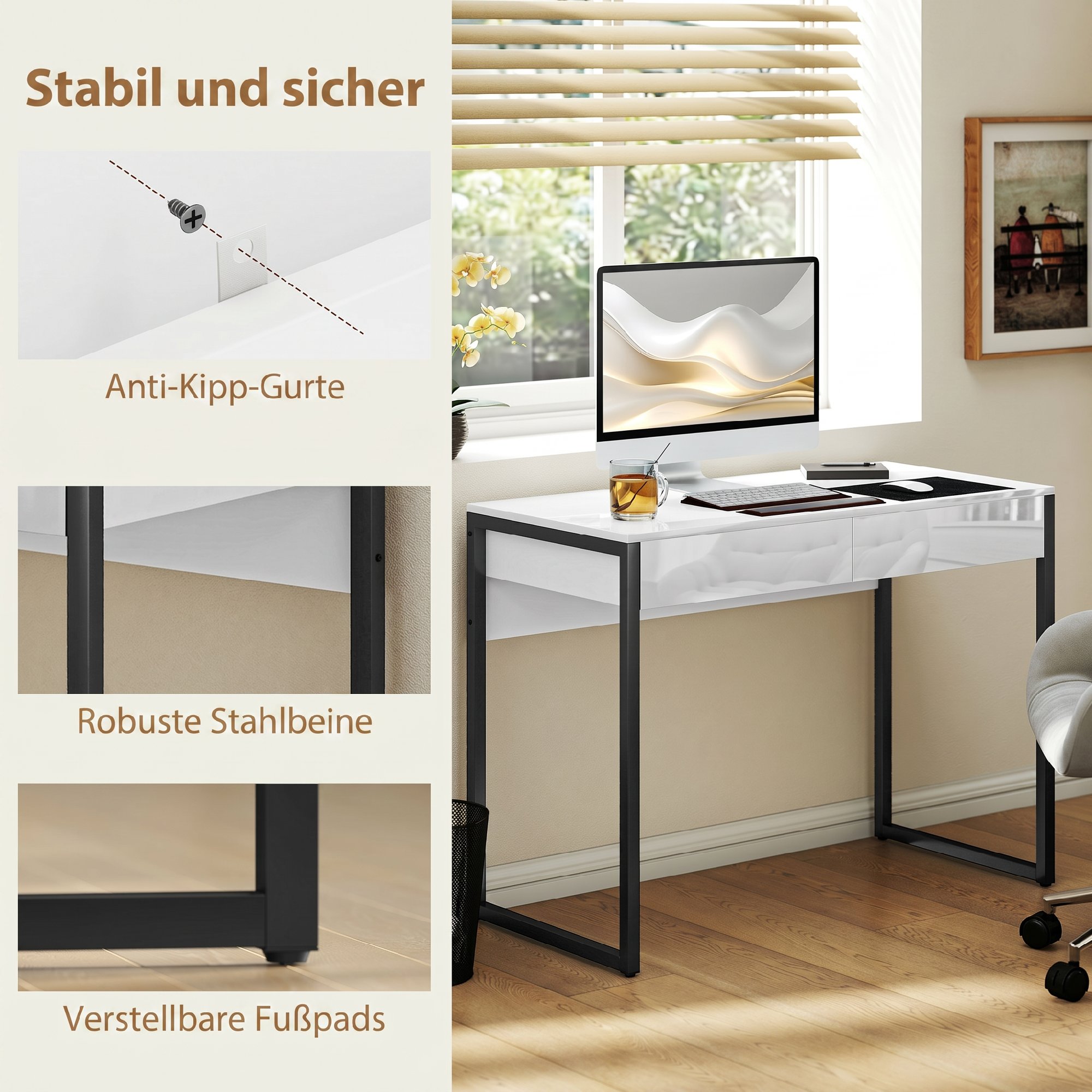 Schreibtisch 100 x 50 cm Computertisch Bürotisch mit 2 Schubladen, für kleine Räume, Schwarz