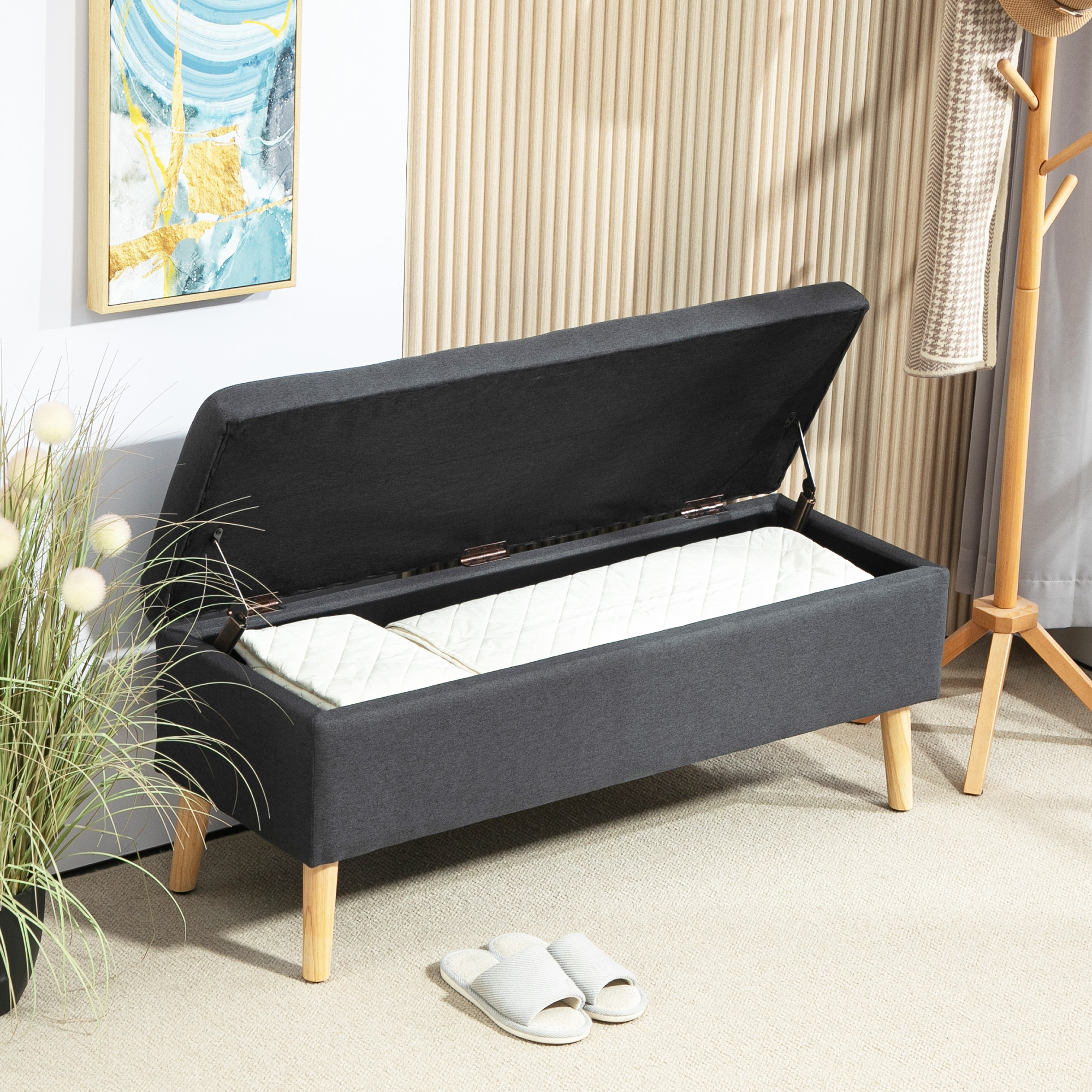 Polsterbank mit Stauraum, Bettbank in Leinenoptik, Kautschukholz, 110 x 39 x 45 cm, Dunkelgrau