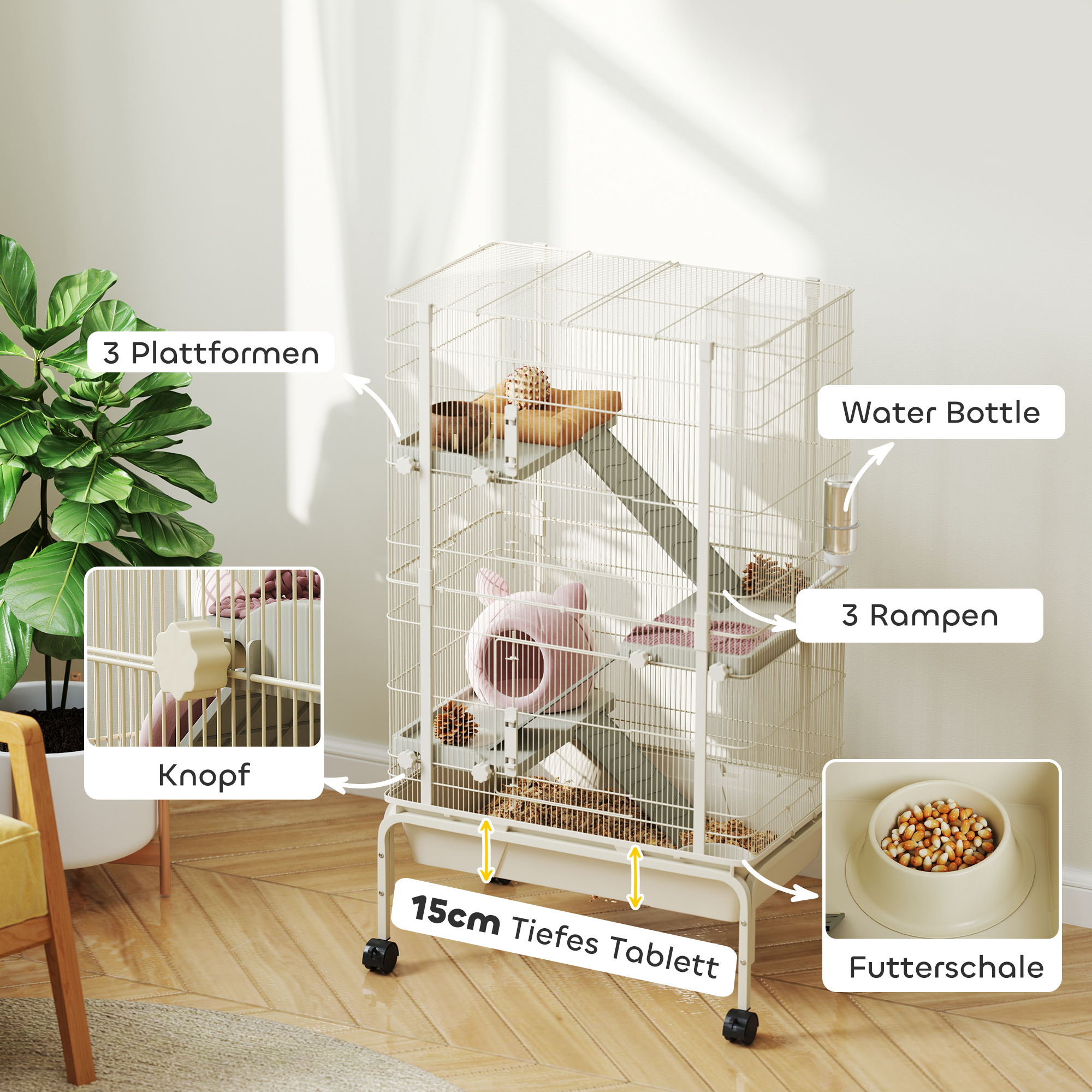 Kleintierkäfig, Haustierkäfig mit 4 Ebenen, Futterschale, Wasserflasche, 88 x 48 x 150,5 cm, Beige